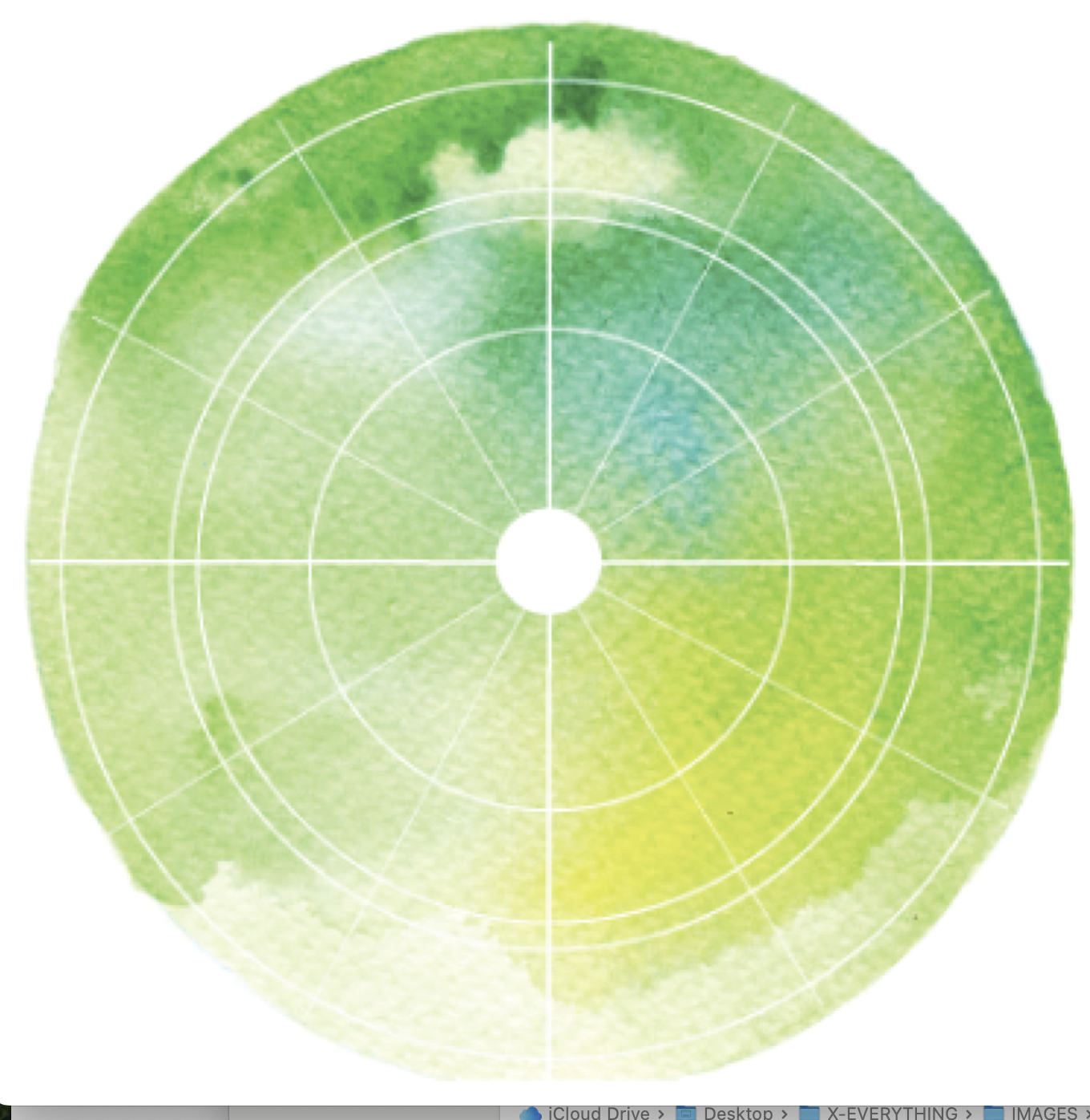 Circular green watercolor with white grid lines and concentric circles.