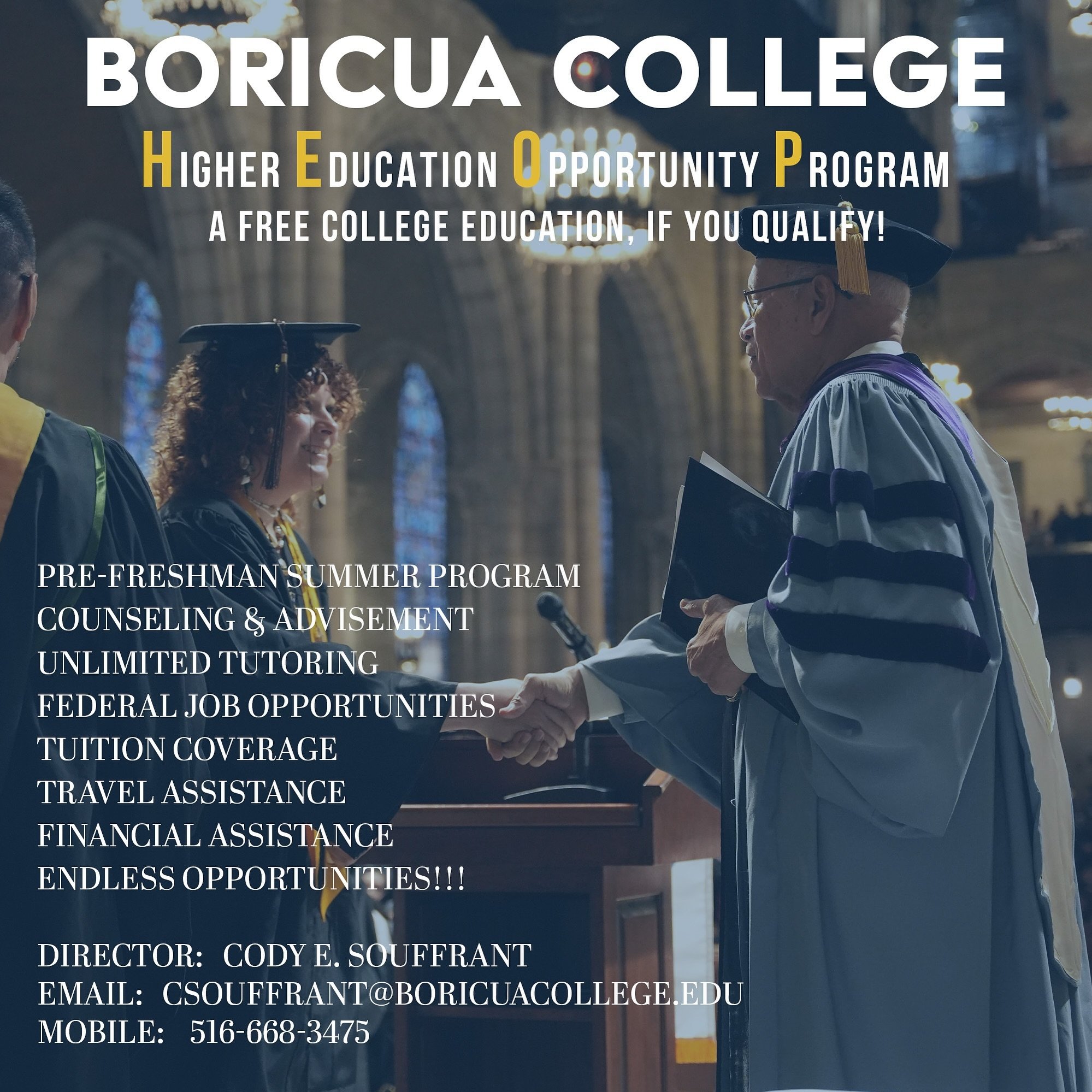 The Higher Education Opportunity Program (HEOP) is a partnership between the State of New York and Boricua College. It was created to provide a broad range of academic and financial services to New York State residents who otherwise would be unable t