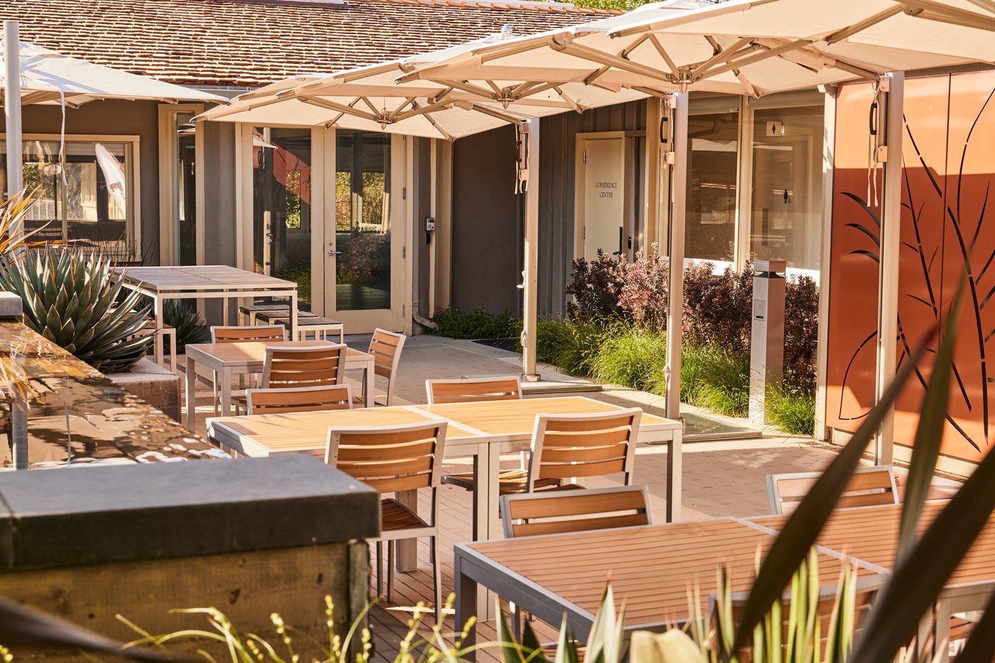  A sunny outdoor patio offers a variety of seating options among living greenery. 