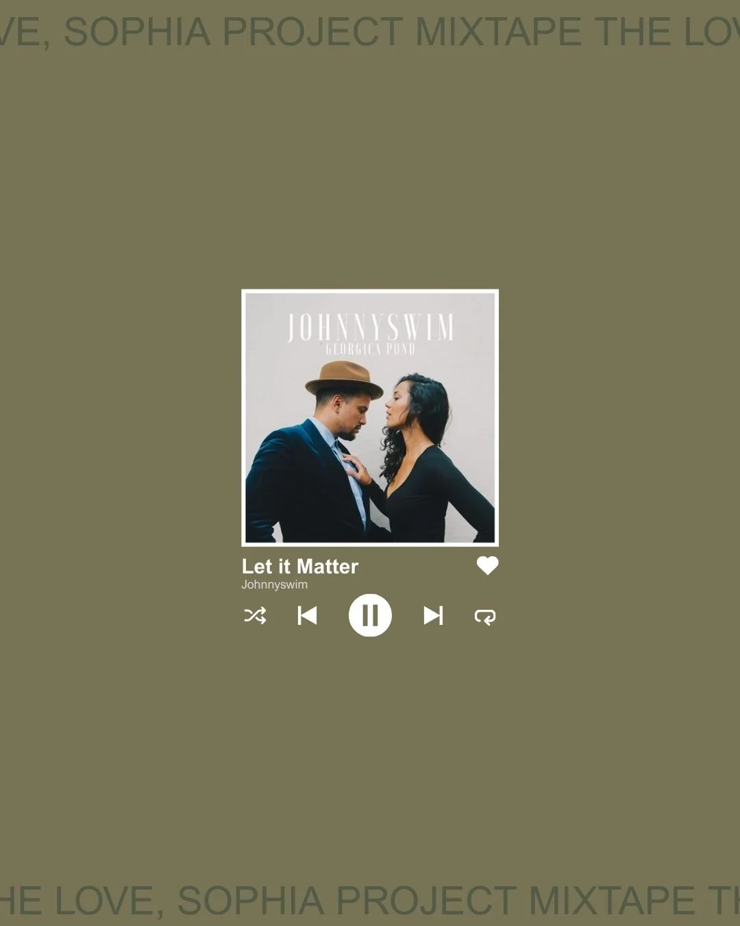 Today on the Love, Sophia Project Mixtape we have some Johnnyswim! The song Let it Matter has some beautiful lyrics for today:

&quot;If it matters, let it matter. 
If your heart's breaking, let it ache. 
Catch those pieces as they scatter 
and know 