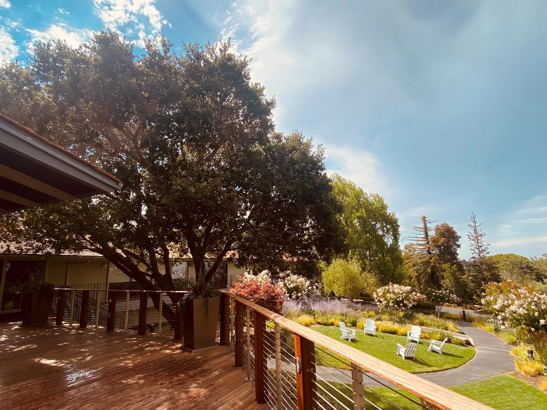 View from the Tree Deck overlooking the manicured lawn and gardens that surround The Quad Conference Center.