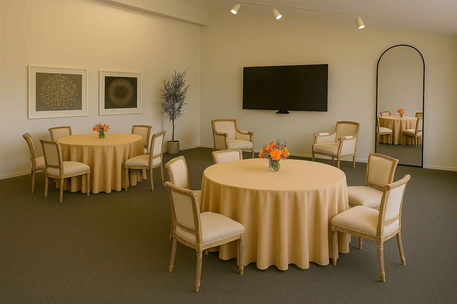 Bridal suite set up in Q1 at The Quad Conference Center with two round tables covered in long beige tablecloths, padded chairs, an arched mirror, and a wall-mounted TV.