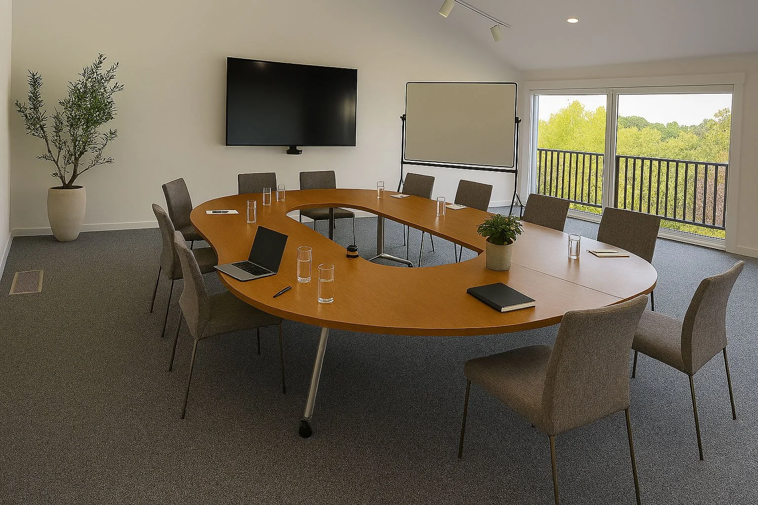 The Q1 room at The Quad Conference Center with an oval conference table, chairs, laptop, water glasses, TV, whiteboard, and large windows.