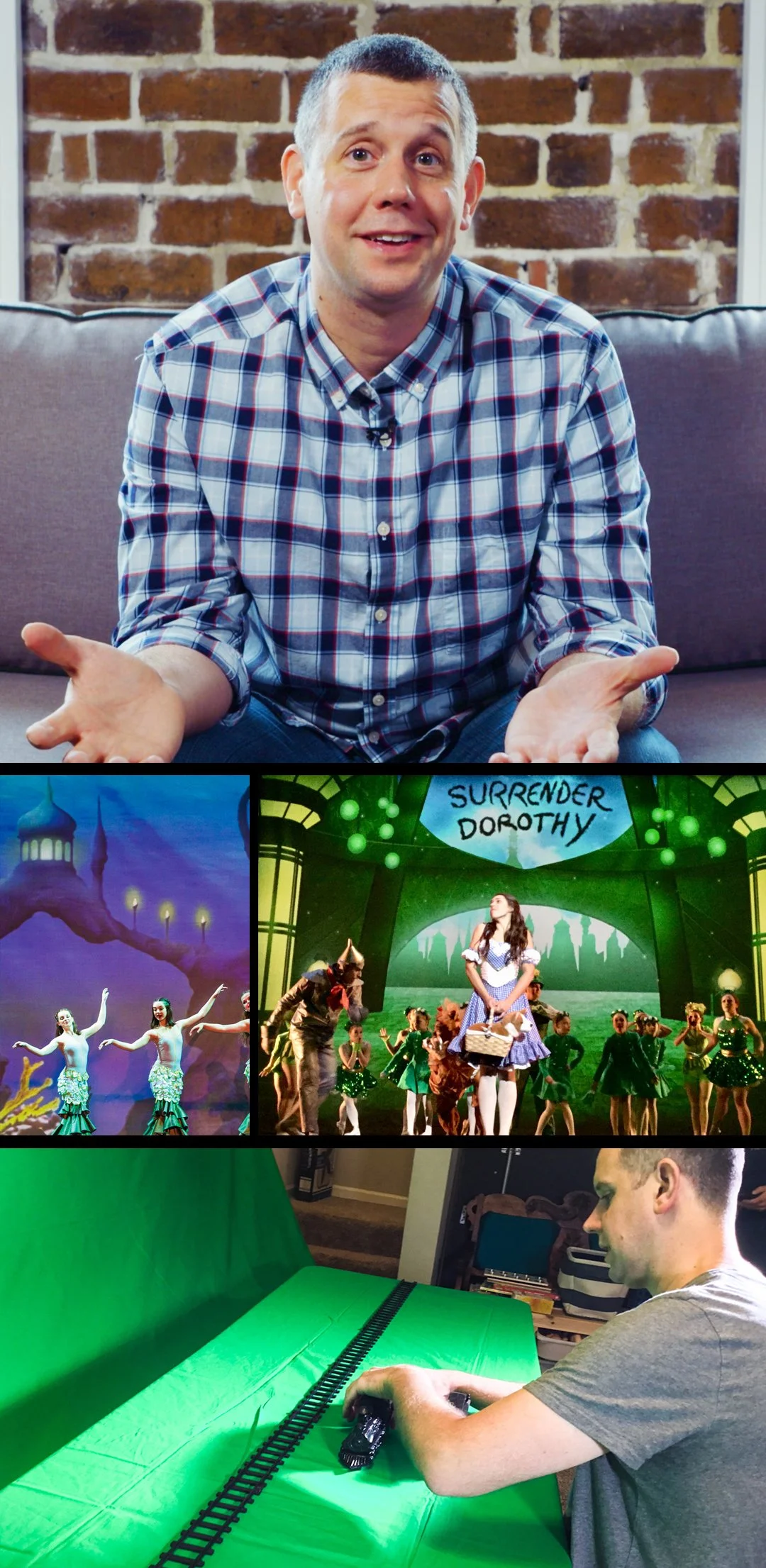 A man sitting on a couch with a brick wall behind him, gesturing with open hands, and three smaller images below: a stage with dancers, a stage with a girl in a costume and a sign reading 'Surrender Dorothy,' and a person working with a green screen and model train track.
