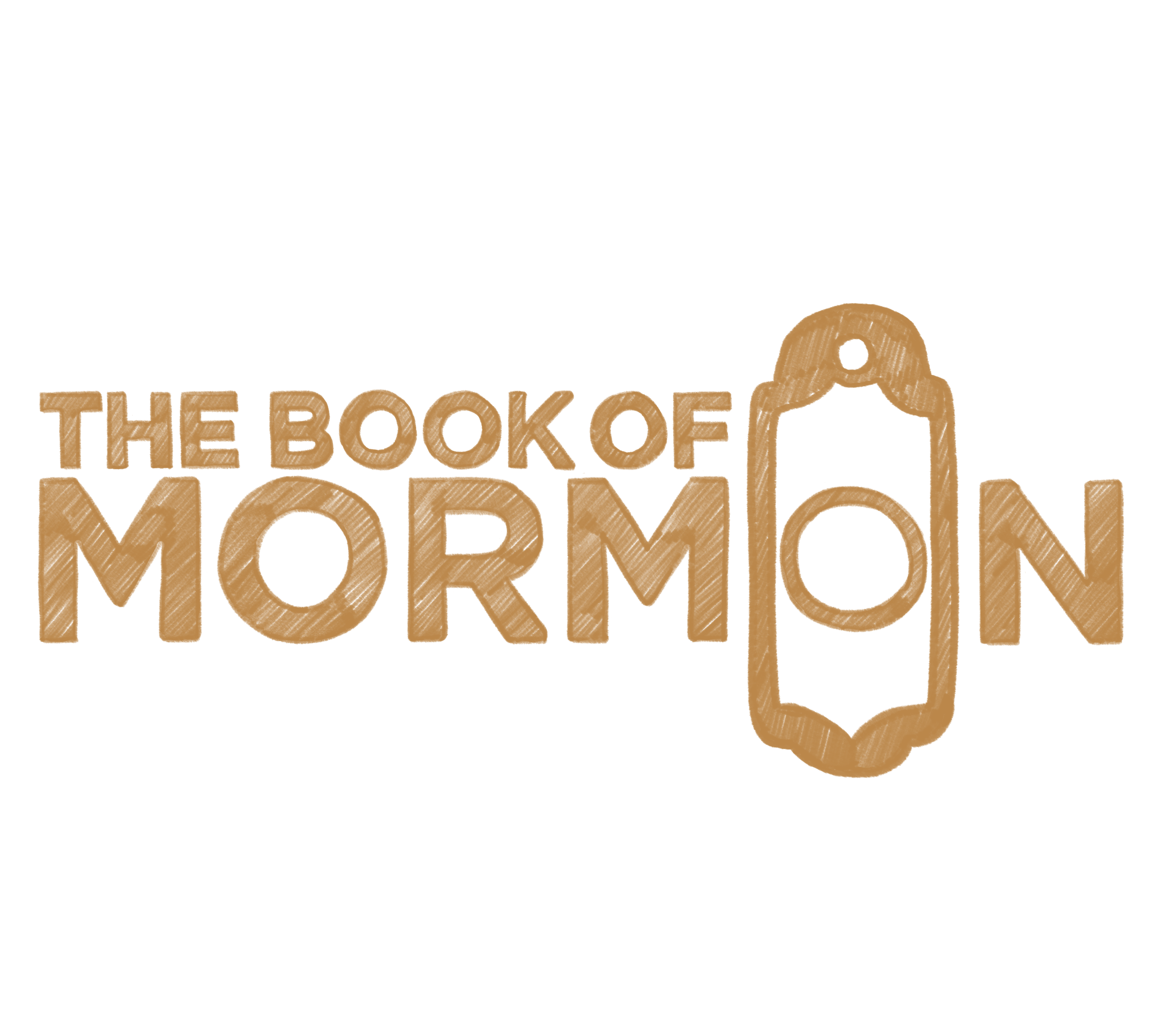 Logo for the Book of Mormon with stylized gold-colored text and a paperclip design around the letter 'O' in Mormon.