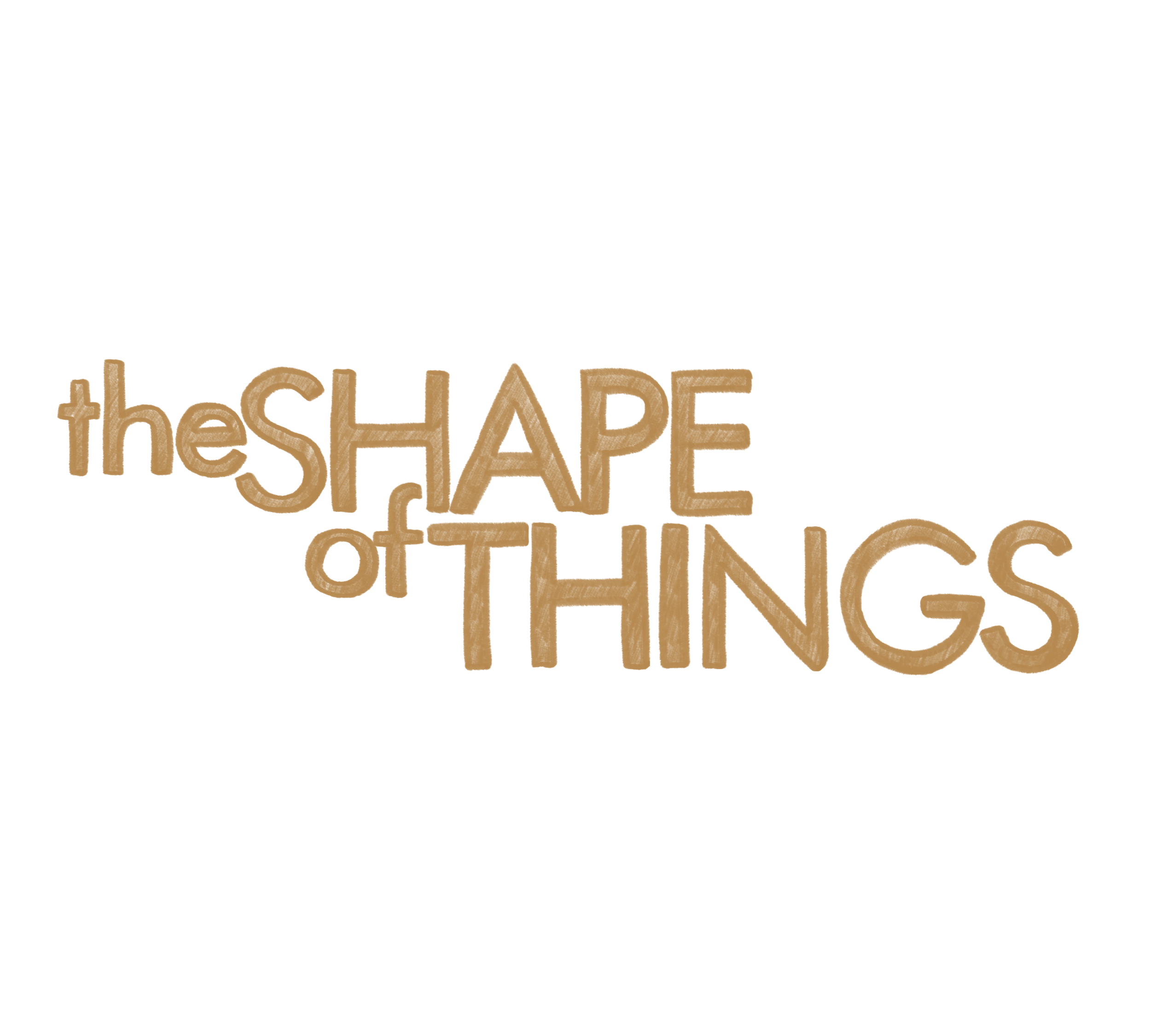 The words "the shape of things" in a stylized, brown font on a black background.