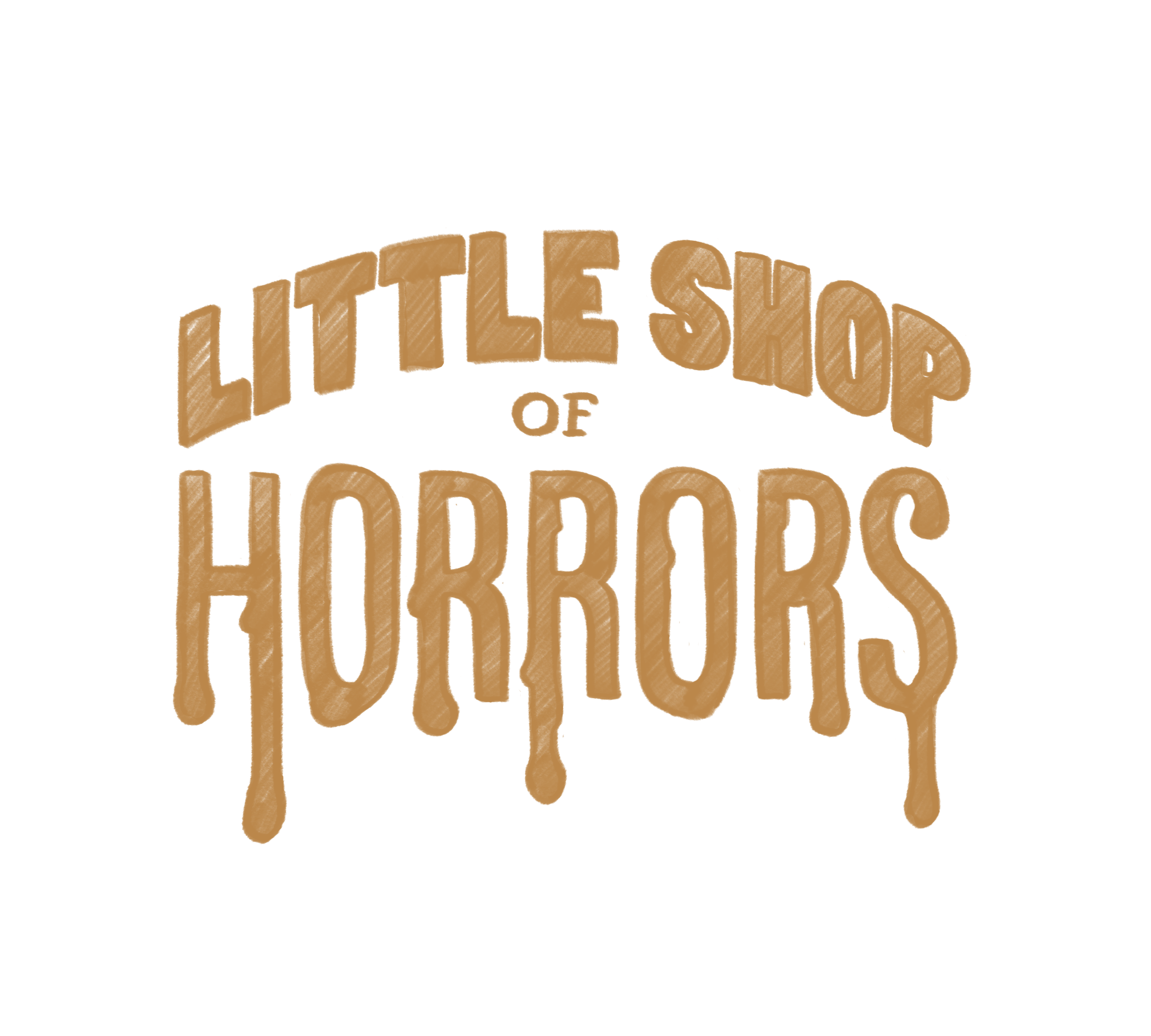 Text design that says "LITTLE SHOP OF HORRORS" in brown, horror-themed font on a black background.
