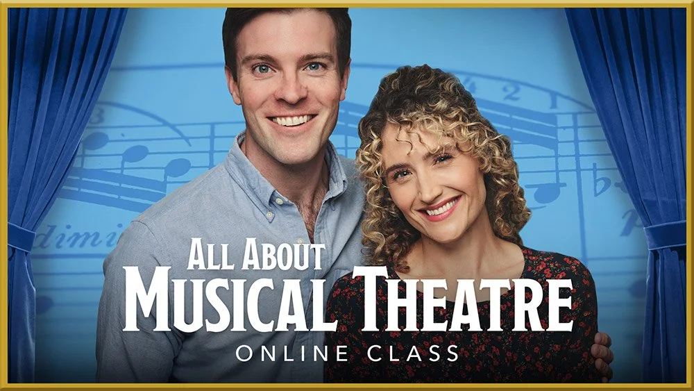 A man and woman smiling in front of a blue curtain, with a background of musical notes and staff. The image promotes an online class about musical theatre.