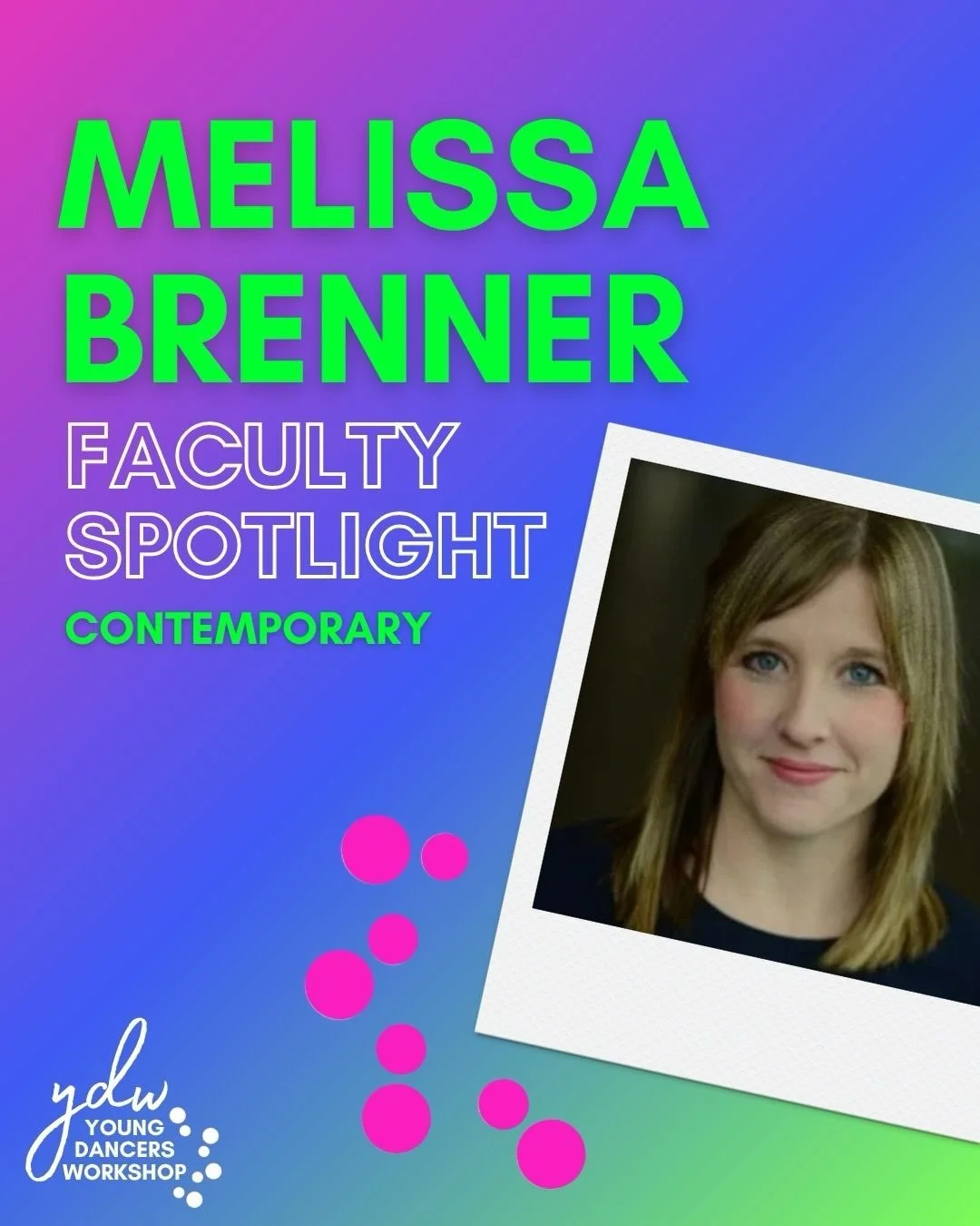 FACULTY SPOTLIGHT: Melissa Brenner! 🪩

Melissa is one of YDW&rsquo;s co-coordinators and will be teaching contemporary! Swipe to learn more about Melissa and her background as an artist.