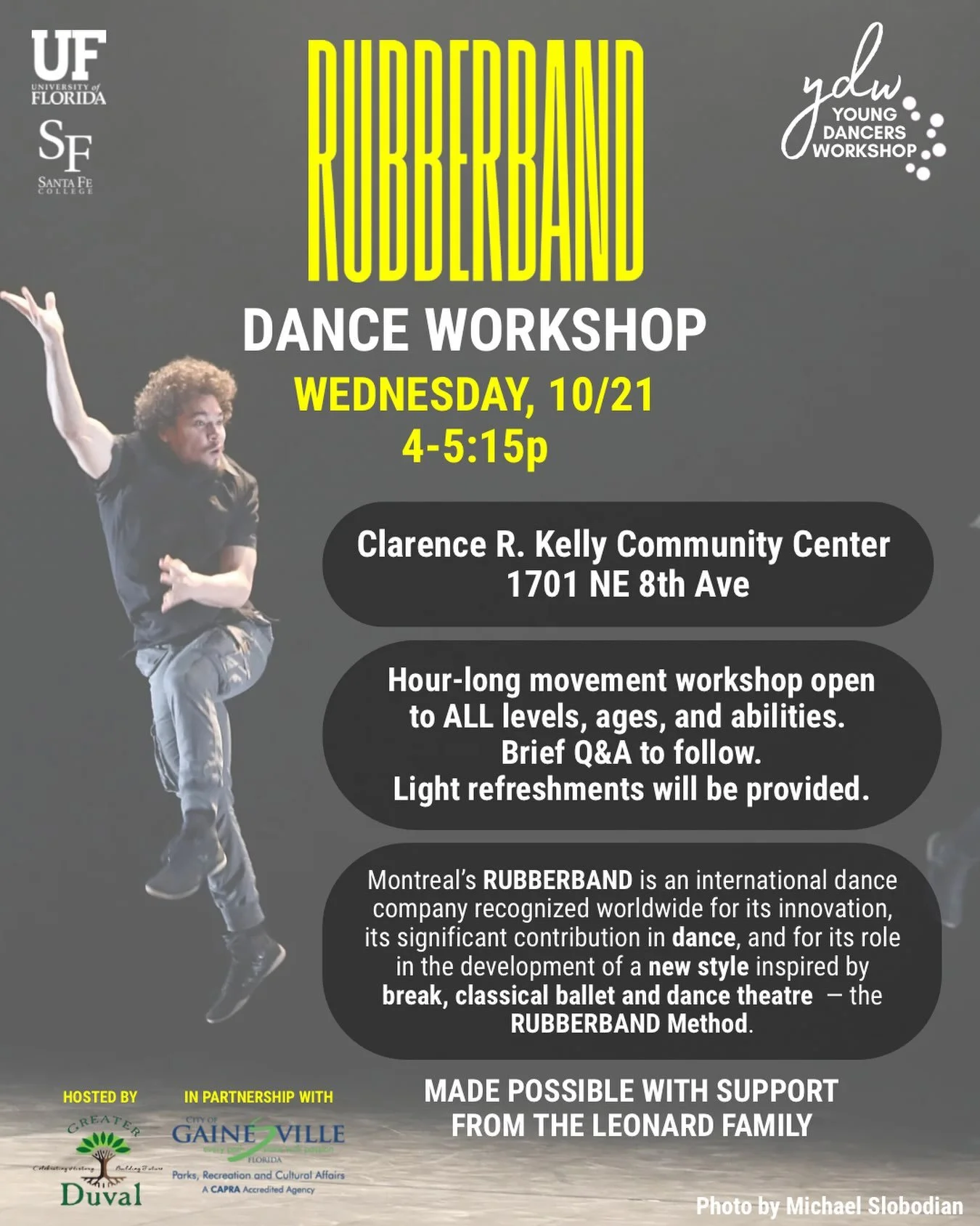 We are so excited to welcome RUBBERBAND to Gainesville soon! During their visit as artists in residence for the Young Dancers Workshop and at UF + Santa Fe&rsquo;s dance programs, they will be hosting a community workshop open to ALL. 

Join us at th