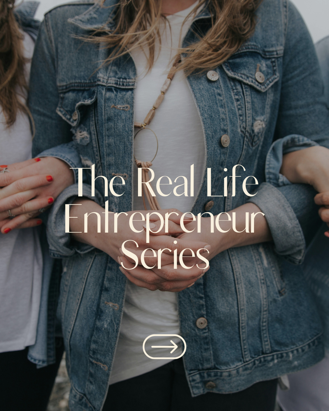 Image of three women linking arms, wearing jean jacks; image promoting monthly entrepreneurship workshops