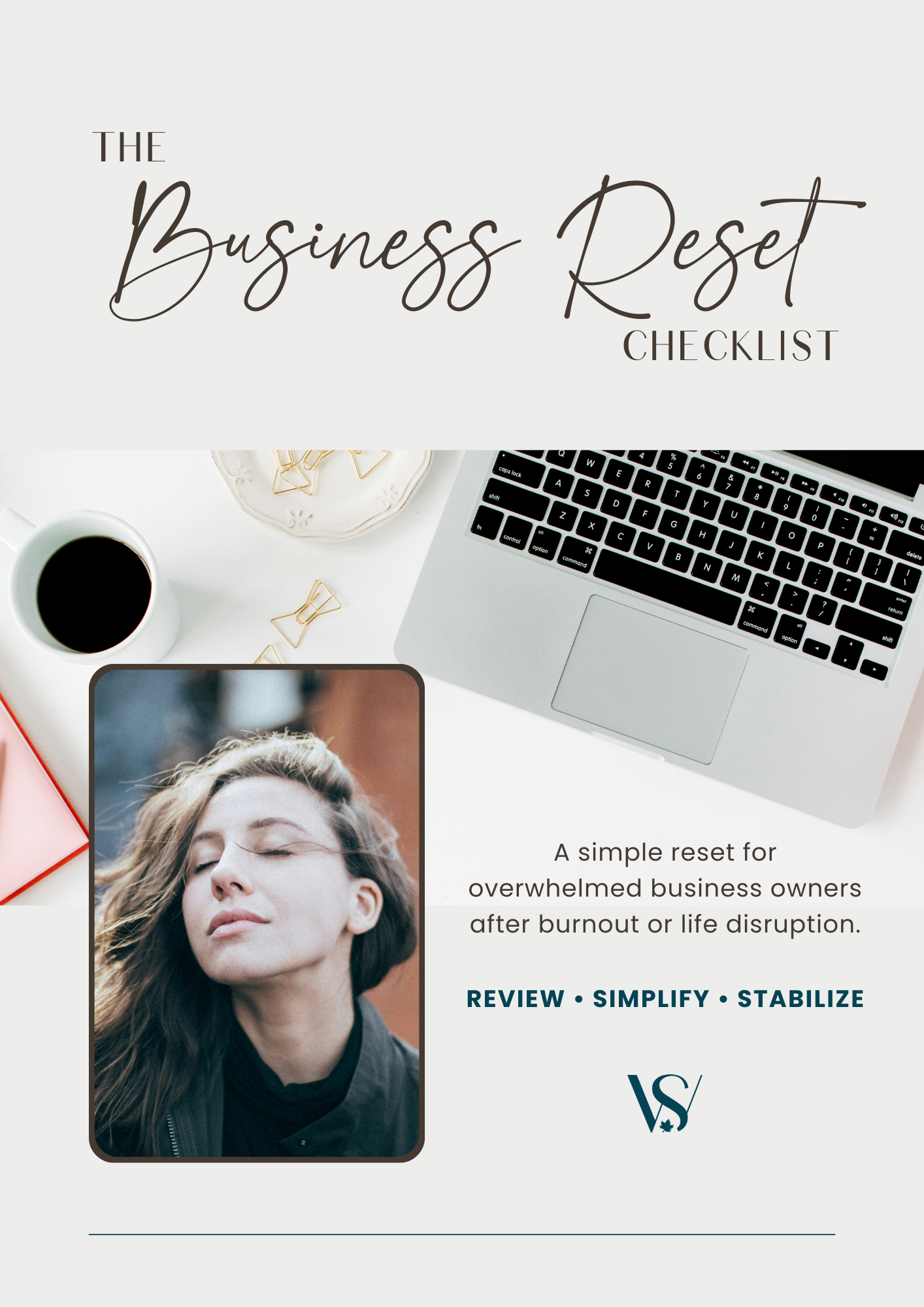 Cover page of a business reset checklist with a photo of a woman relaxing, a laptop, a cup of coffee, and office supplies on a desk.