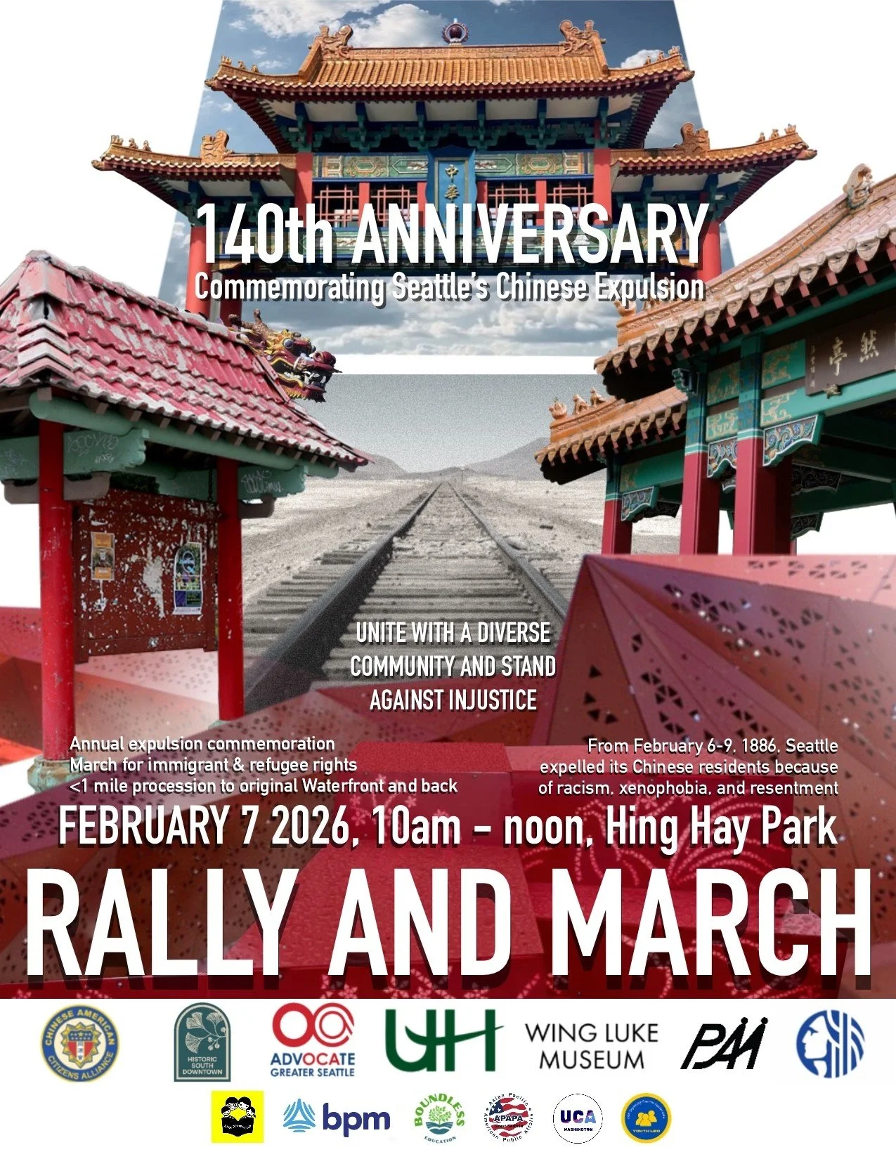 Images of the top of the Chinatown-International District gate, original and modern pagodasat Hing Hay Park, and the bulletin board at Hing Hay Park framing an image of a railroad.