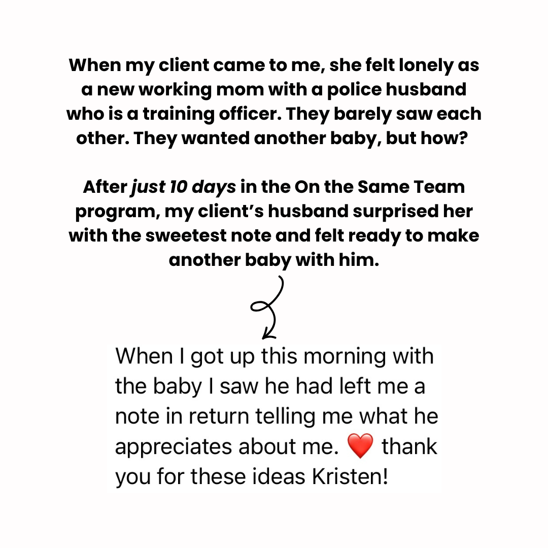 Text of a motivational message about a client, her husband, and the birth of their second baby, with an emotional tone and a red heart emoji.
