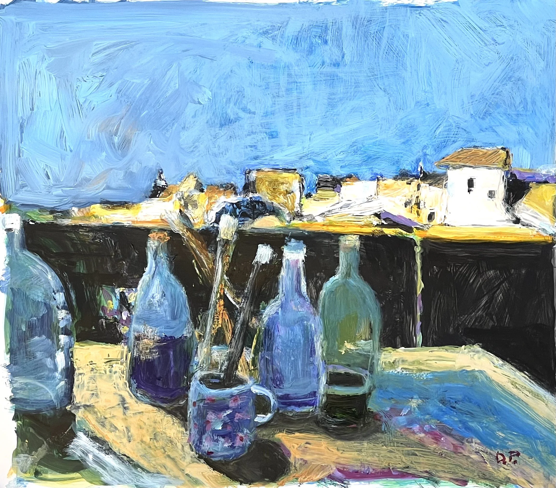 Painting Table Bottles, Acrylic on Paper, 24" x 18" SOLD