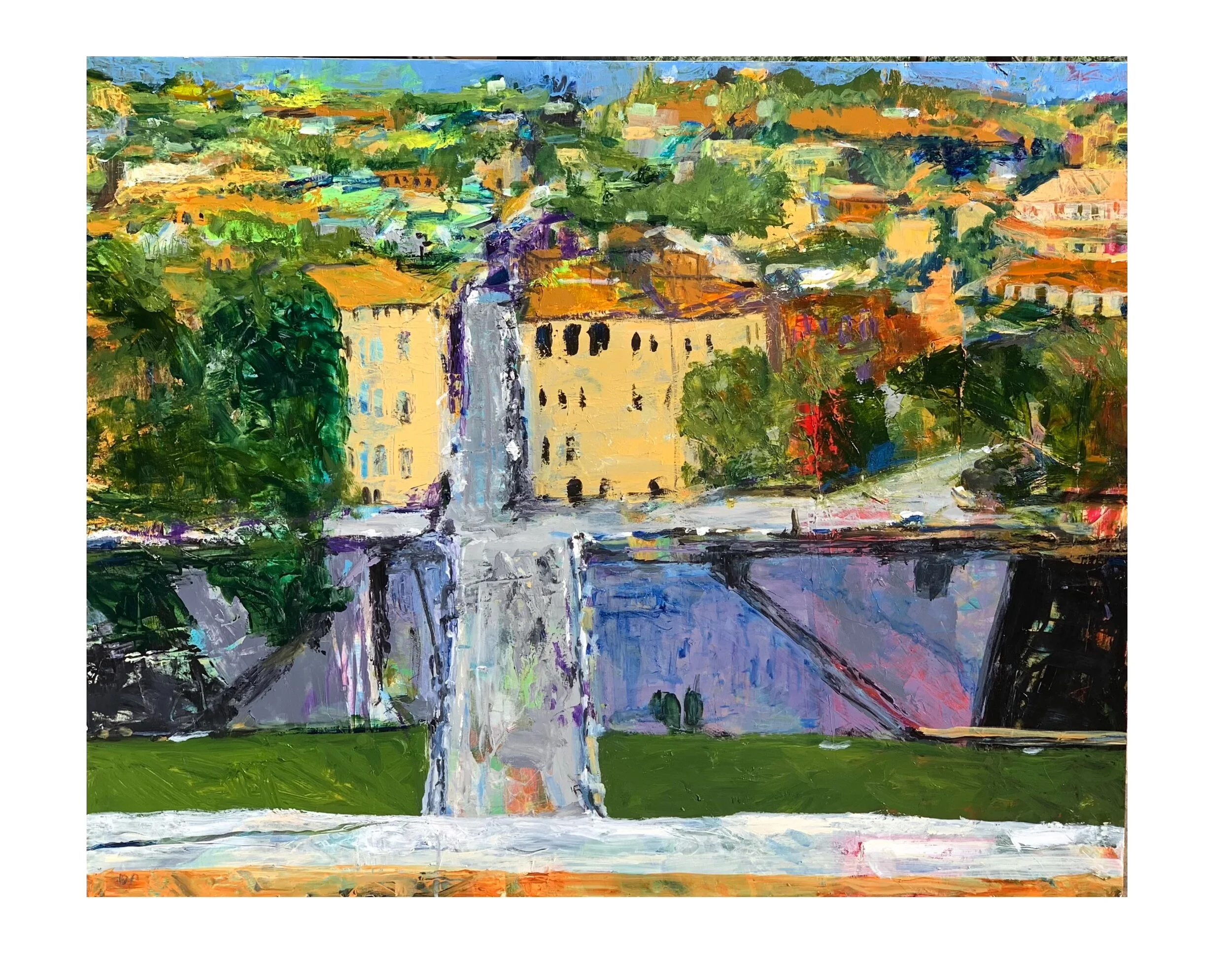 Bridge, River, Cityscape, acrylic on board, 40" x 30" SOLD