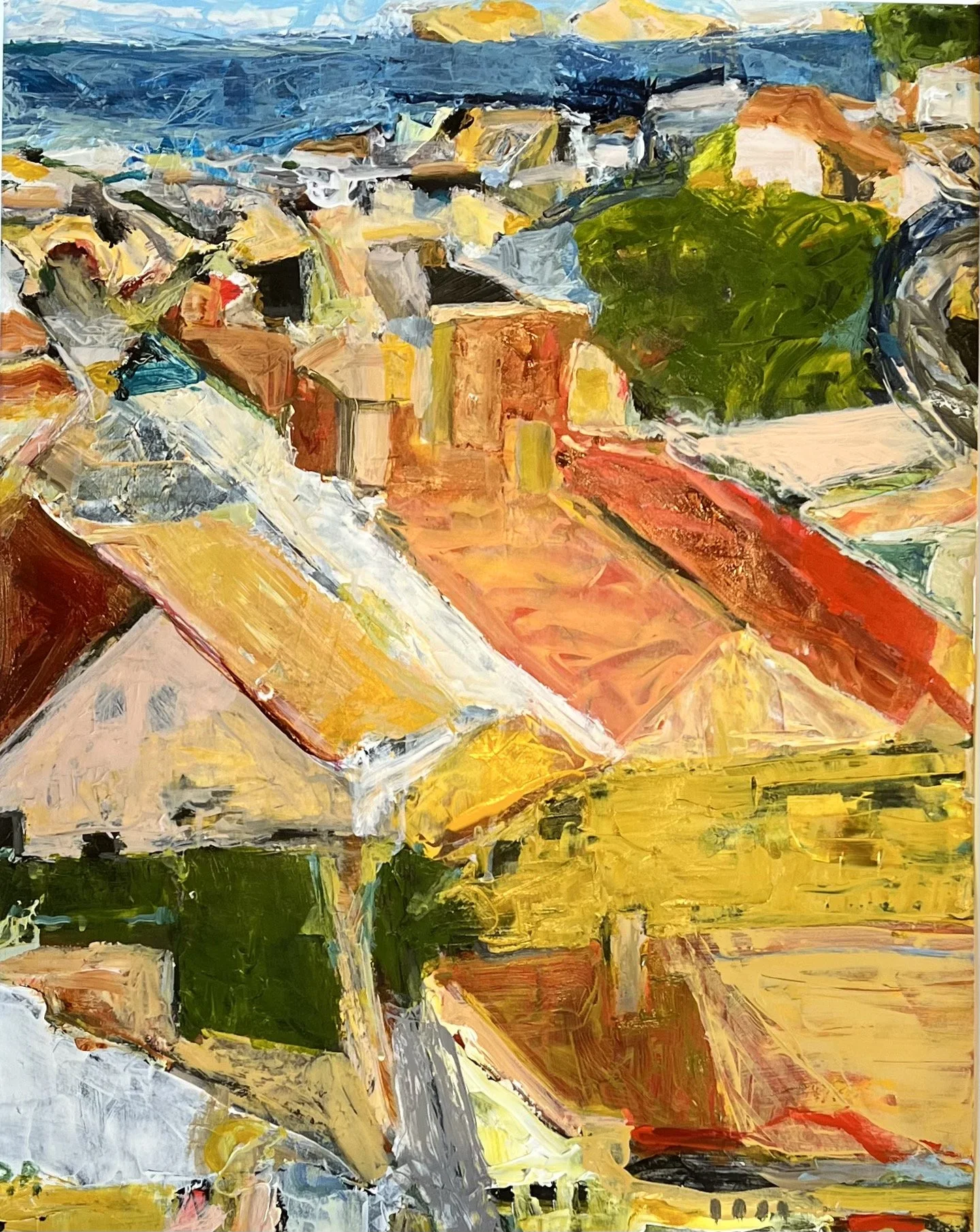 Village with Red Roof, Acrylic on Paper, 18" x 24" unavailable