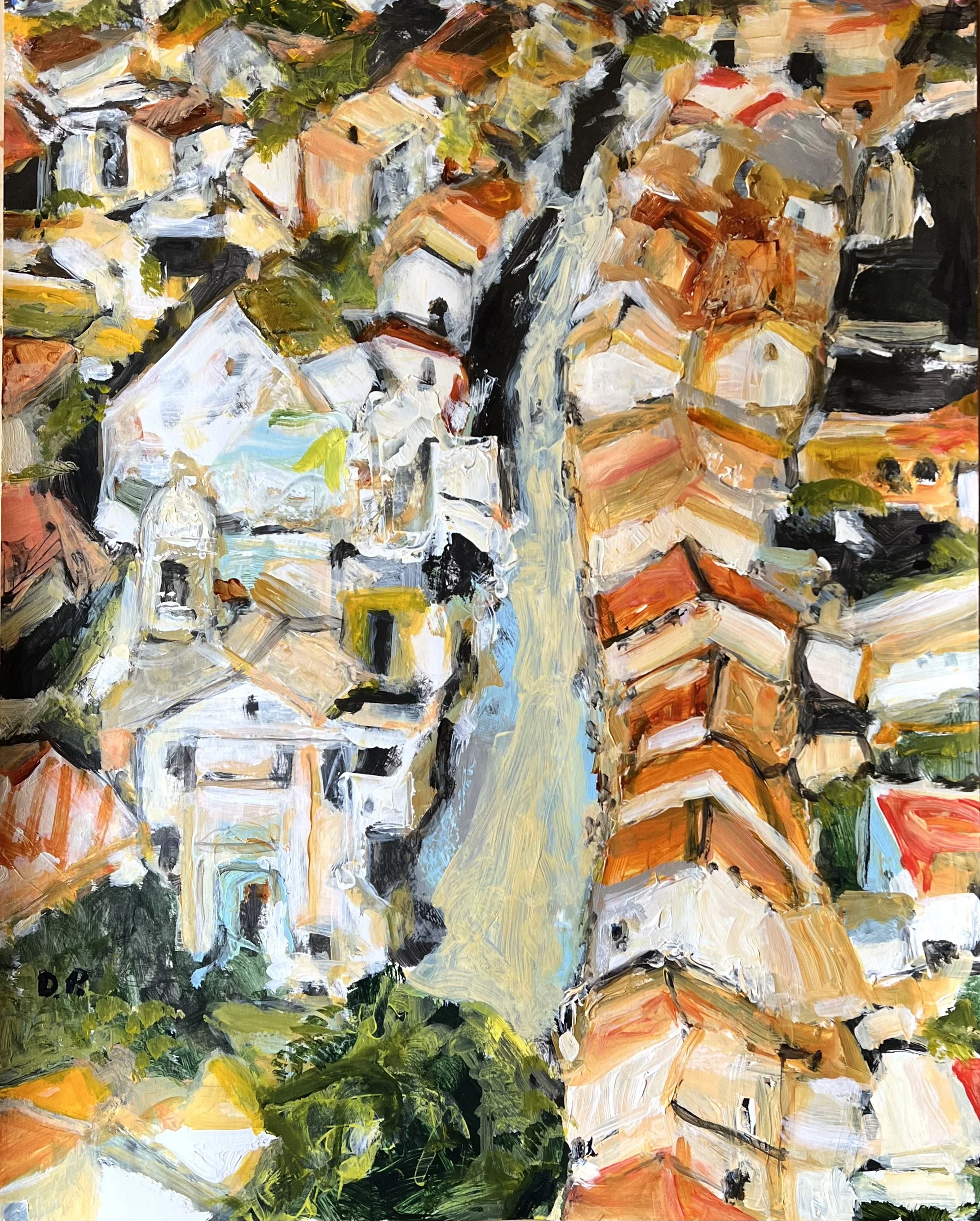 Village with Orange Roofs, Acrylic on Paper, 18" x 24"