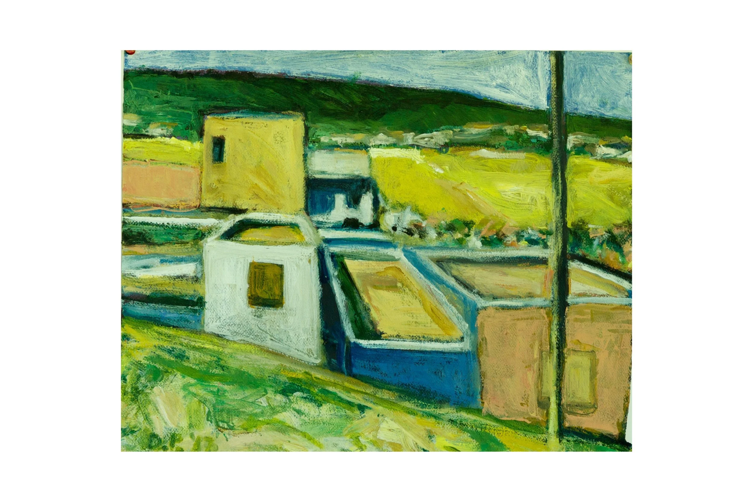 Landscape with Blue Building, acrylic on paper, 20" x 16" SOLD