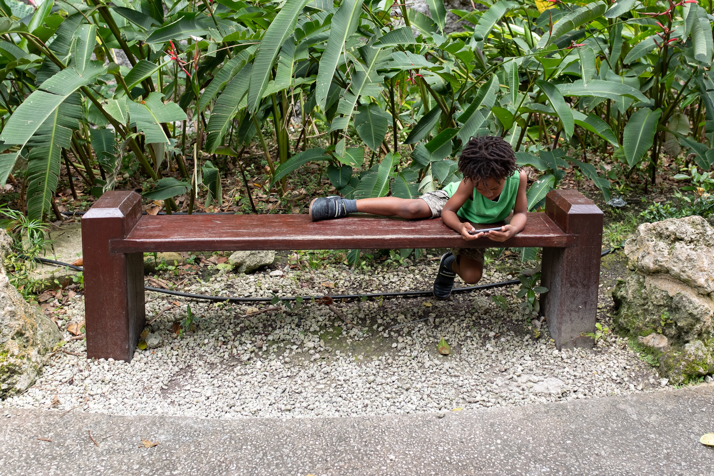 Little boy watching smartphone at Harrison's Cave, Barbados | 2019