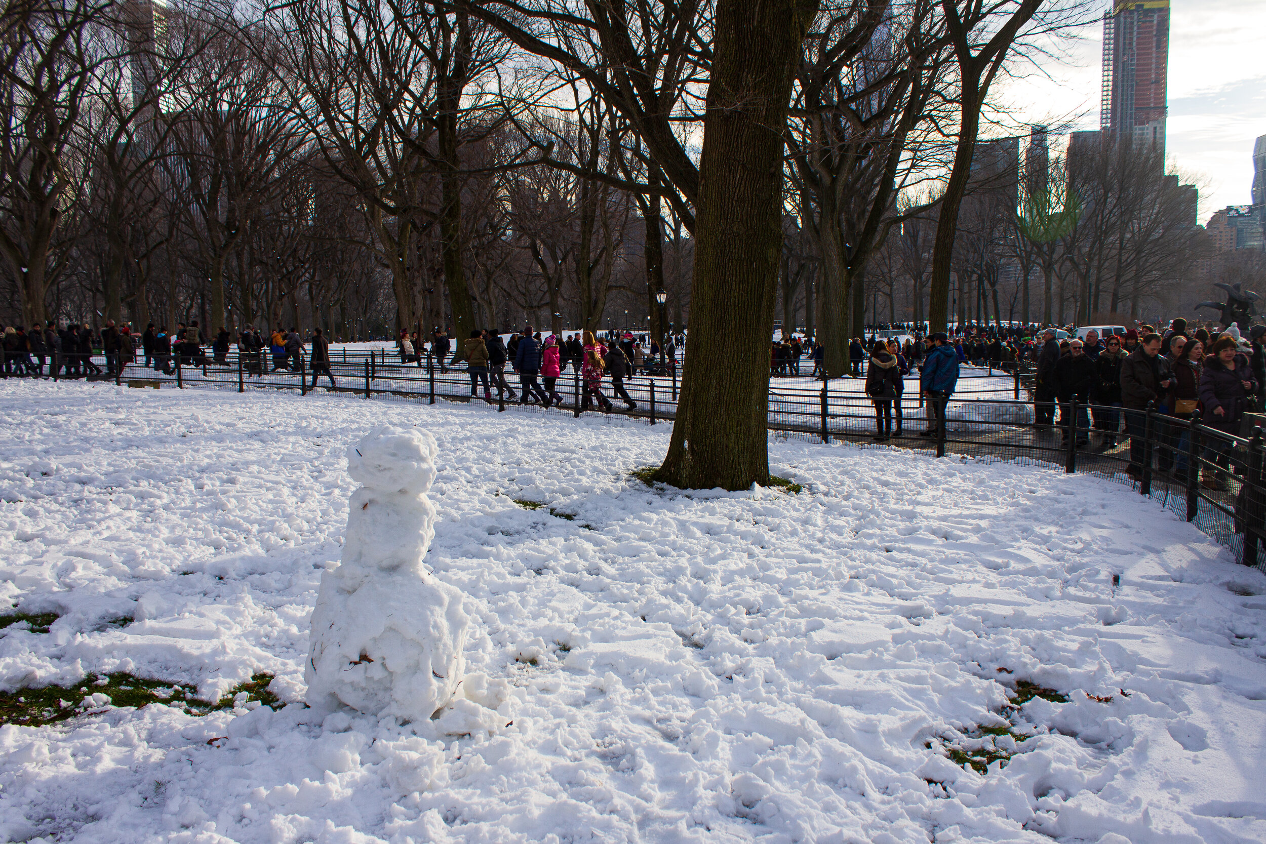 A snowman watches crowds in Central Park, Manhattan | 2017