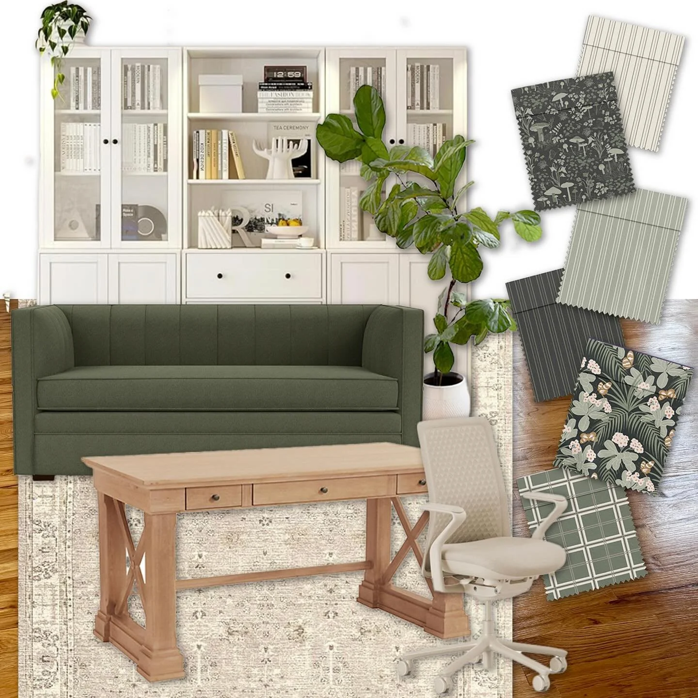 I&rsquo;m finally getting my own studio space for the first time ever! 🎉 🎉🎉 So excited &mdash; but also starting from scratch with furniture. Playing around with a moodboard to explore ideas, mixing in some of my designs as potential fabric (or ma
