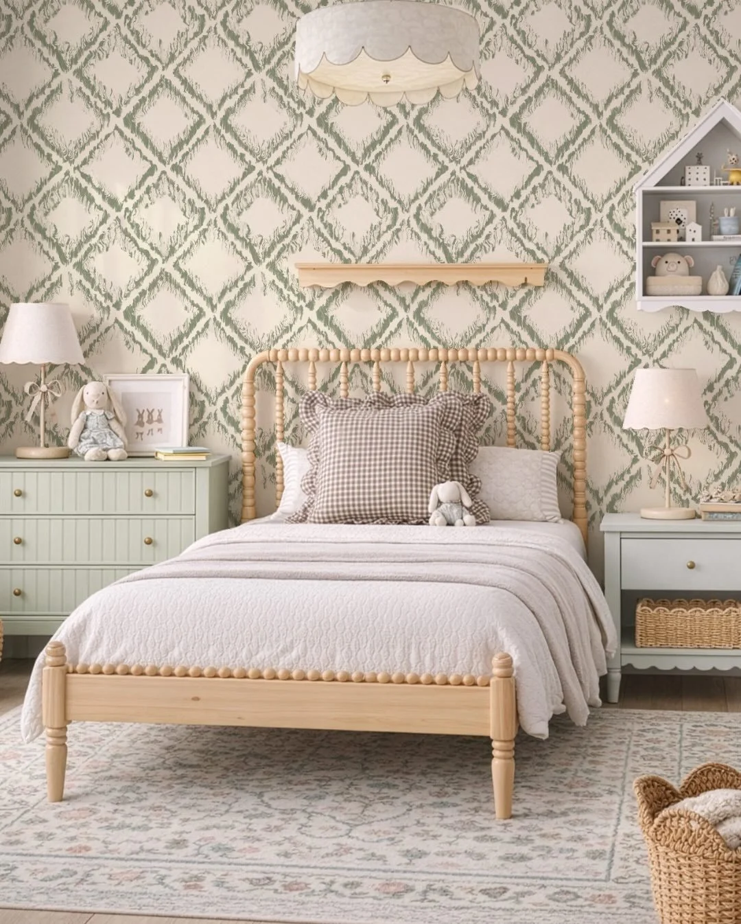 Playing around a bit more with techniques I used for my ikat design I came up with this variation on a trellis pattern. Thank you @ashleighfishstudio for the cottagecore girls bedroom mockup!

#wallpaperdesign #fabricdesign #cottagecore #girlsbedroom