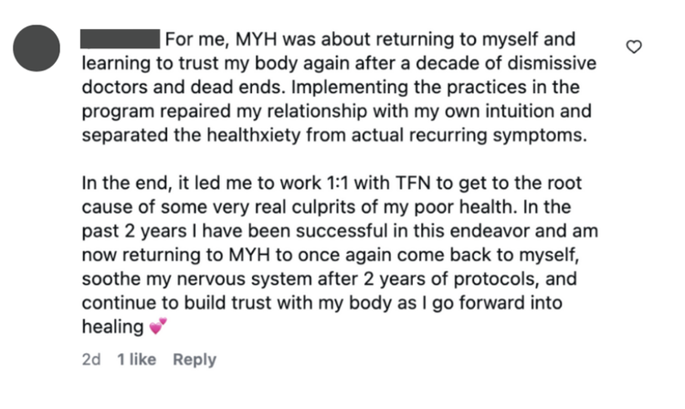 Member testimonial screenshot describing returning to themselves through trust and healing