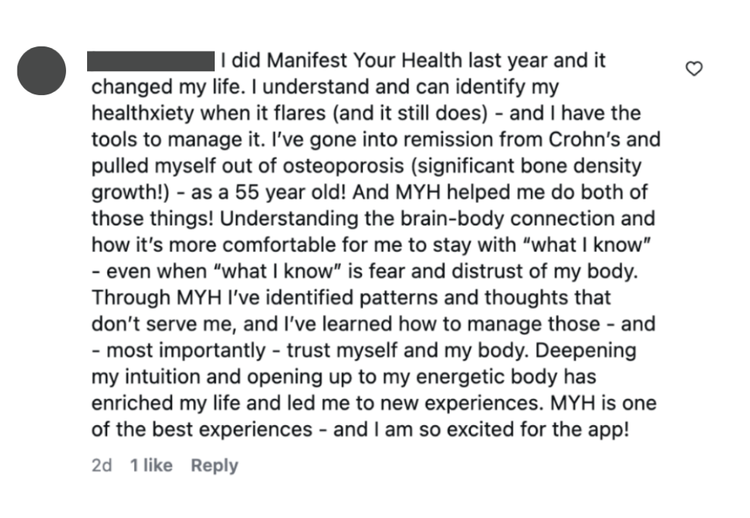 Member testimonial screenshot describing remission from Crohn's disease and osteoporosis after using the program