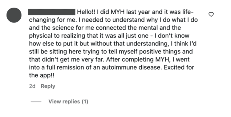Member testimonial screenshot describing autoimmune disease remission after using MYH