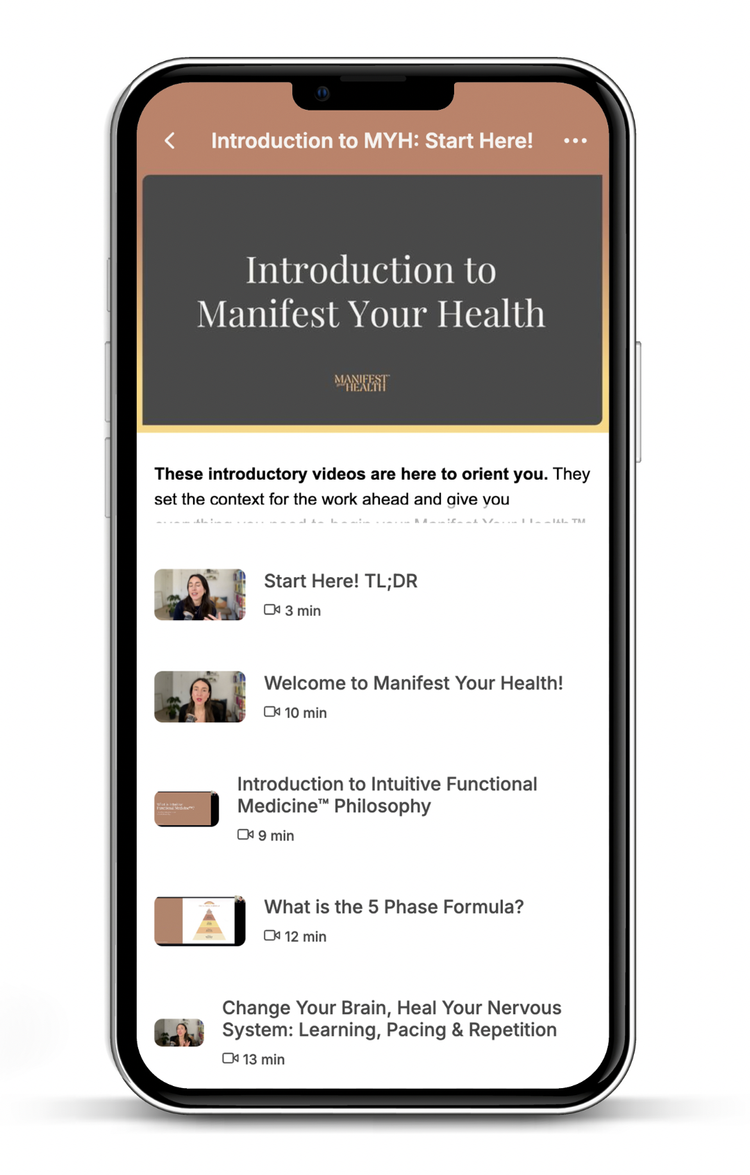 The Manifest Your Health app showing the Introduction to Manifest Your Health lesson list
