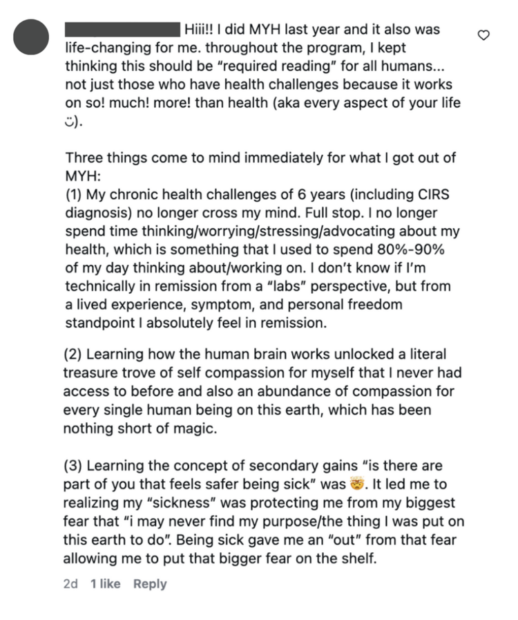 Member testimonial screenshot sharing their experience with MYH, health challenges, and personal growth