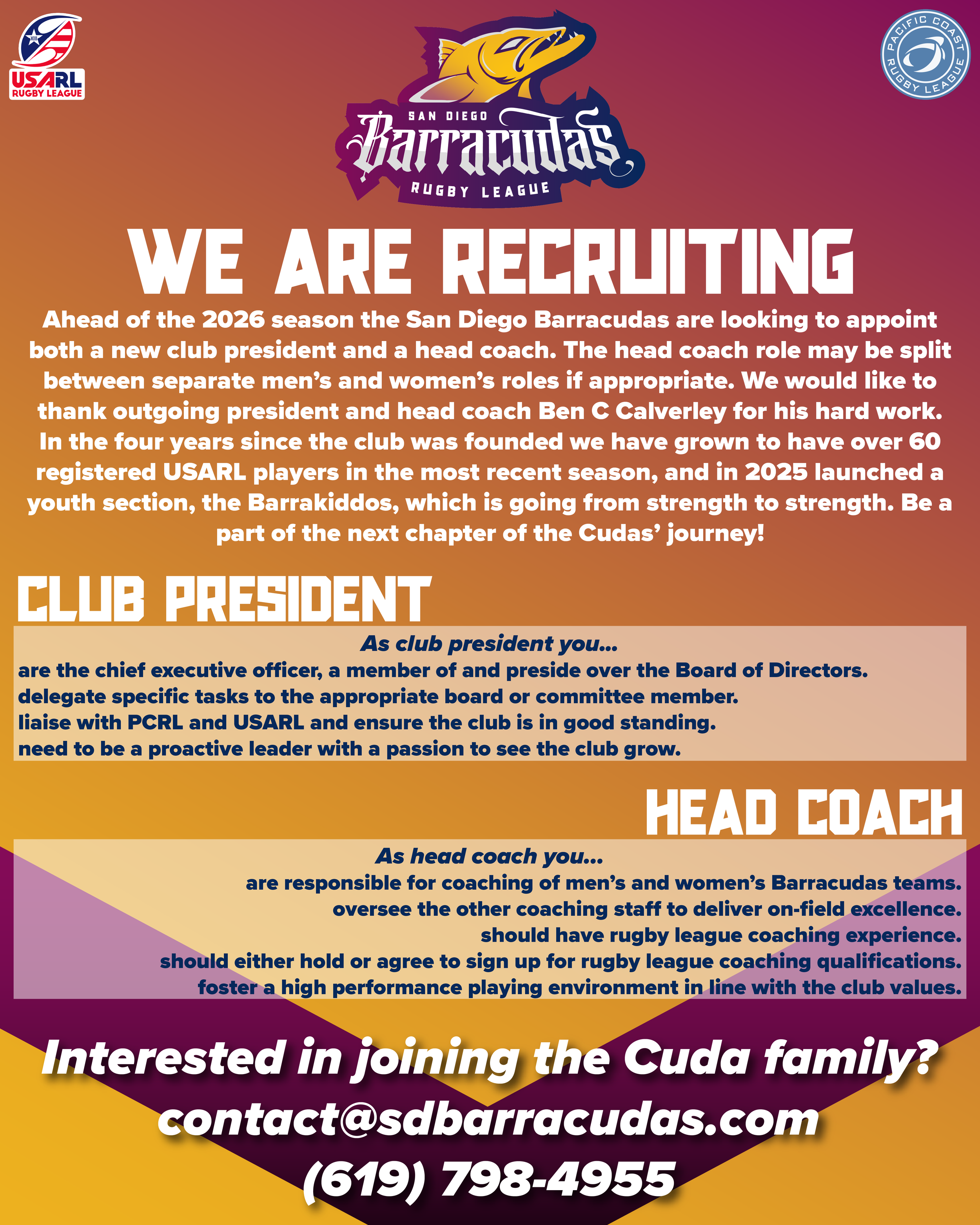 the san diego barracudas are hiring!