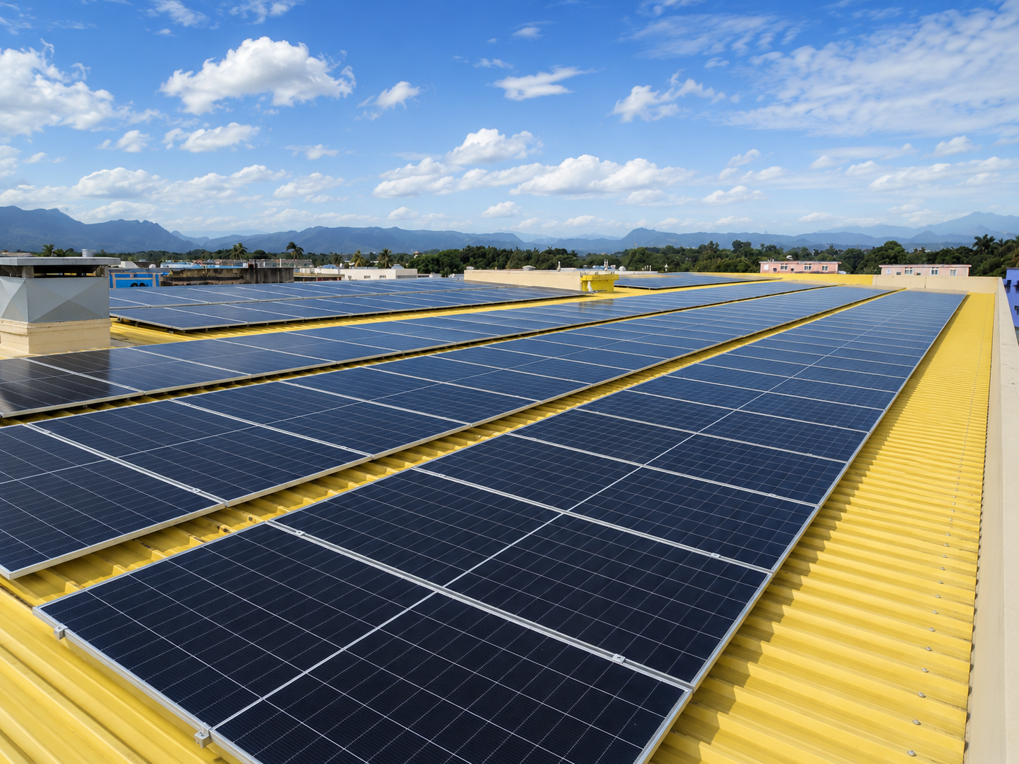 Rows of solar panels on a yellow rooftop with mountains and a partly cloudy blue sky in the background