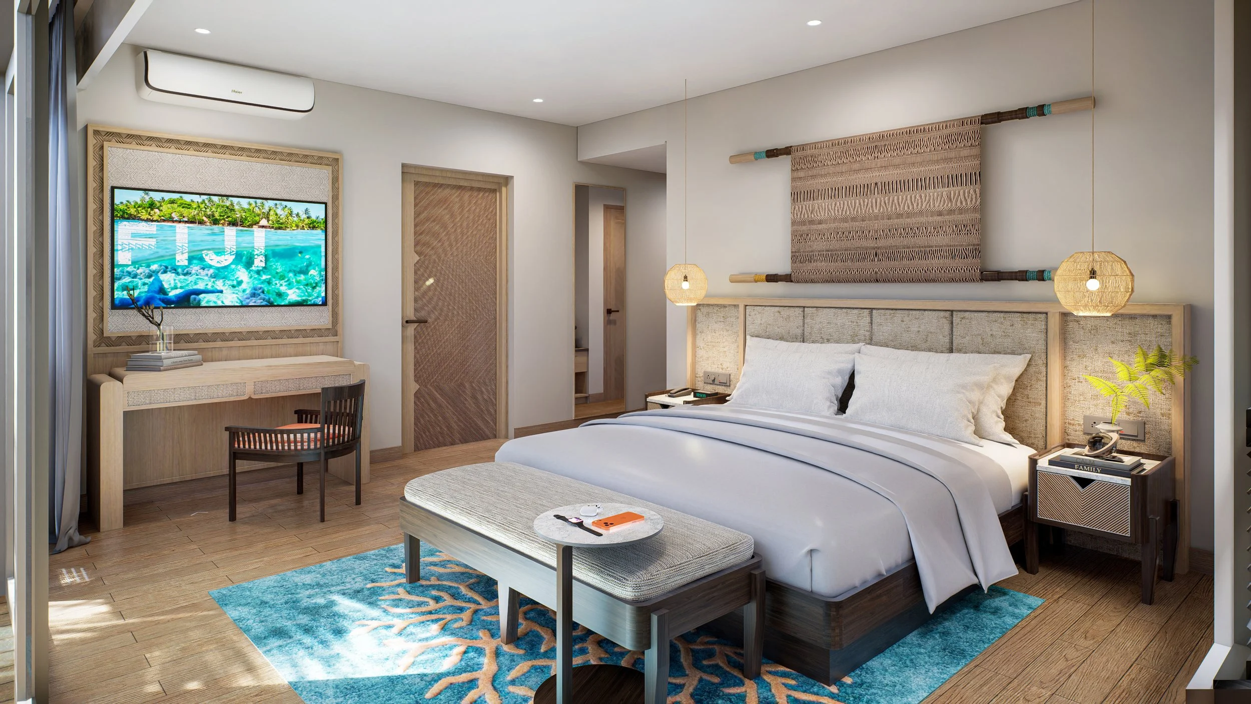 Contemporary tropical bedroom with king bed, woven wall art, ocean-view TV, desk, bench, and turquoise coral-patterned rug