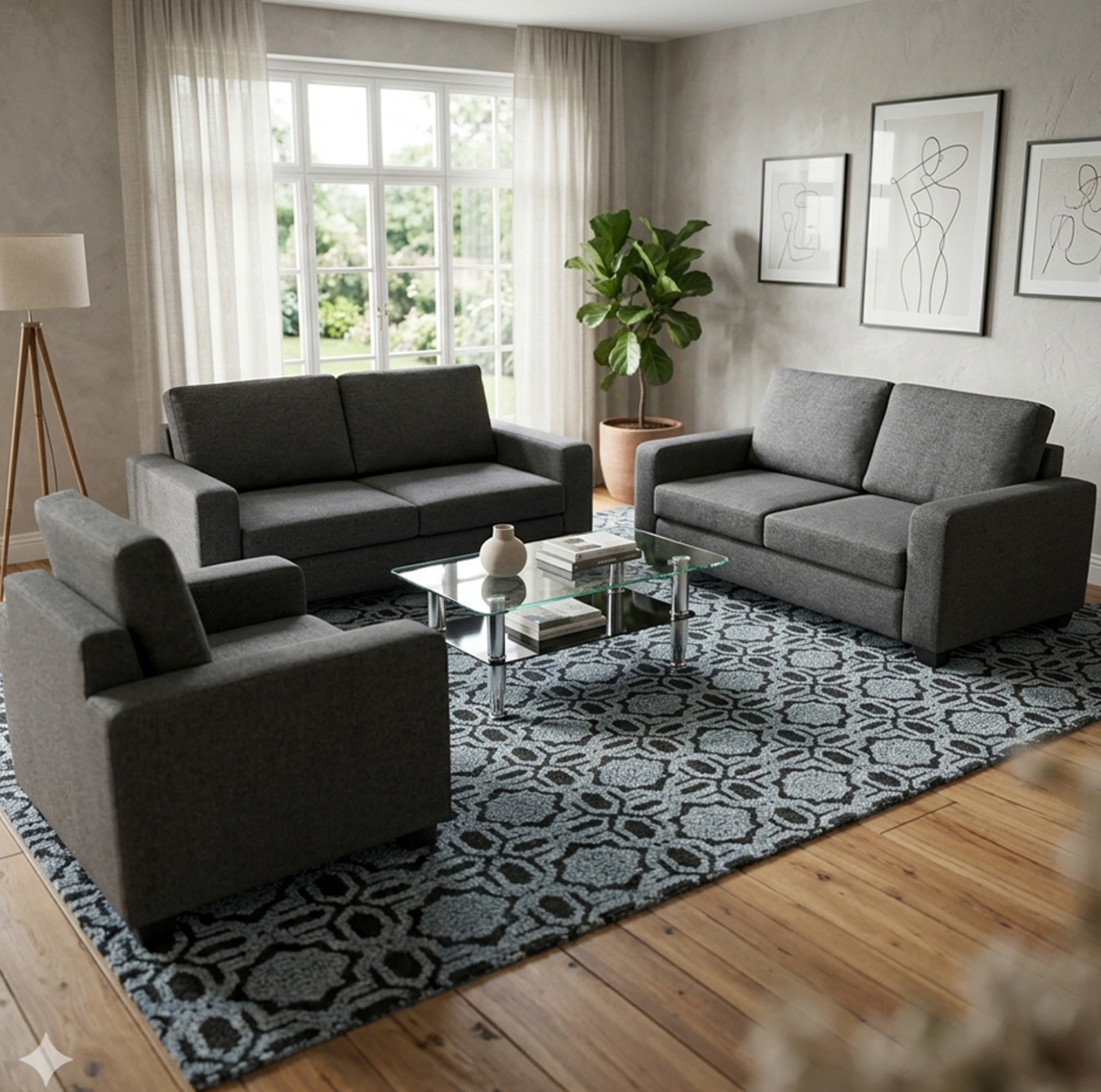Modern gray living room with two sofas, an armchair, glass coffee table, patterned rug, houseplant, and large curtained window