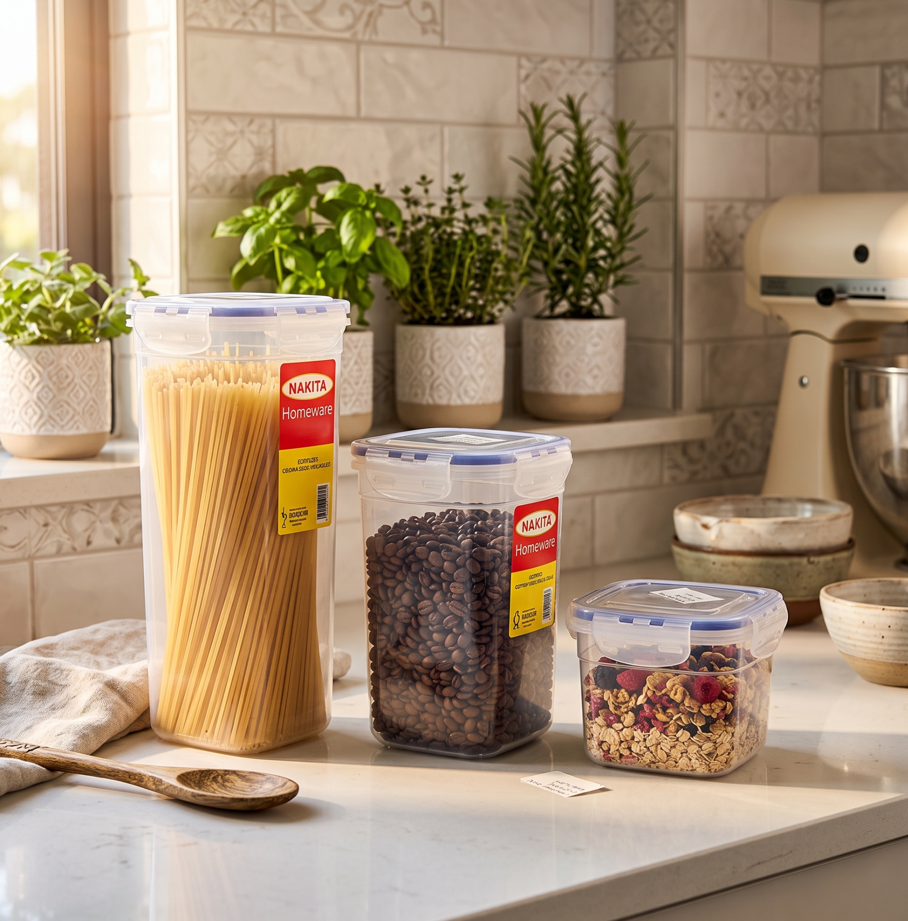 Clear airtight kitchen storage containers holding spaghetti, coffee beans, and granola on a countertop beside potted herbs and a stand mixer