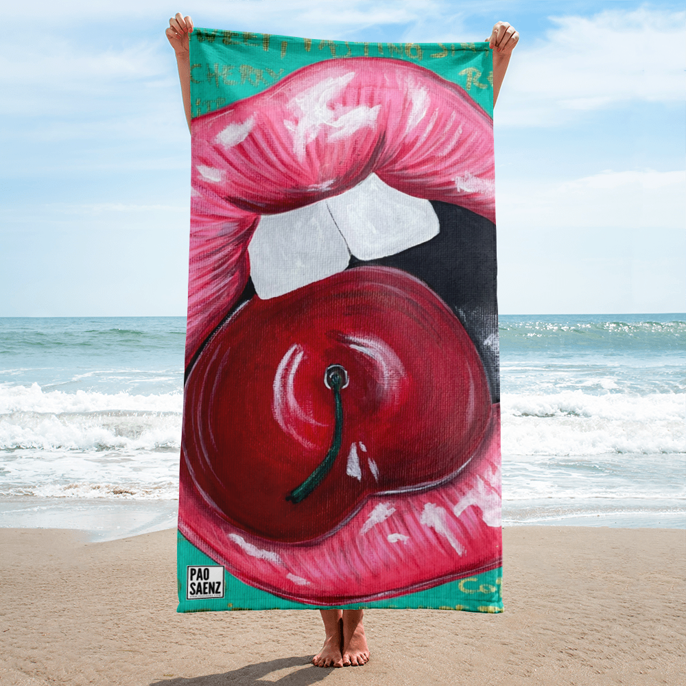 Cherry lips Beach Towel featuring original pop art by Pao Saenz with glossy red cherry inside pink lips, colorful contemporary artwork for beach, pool, and summer decor