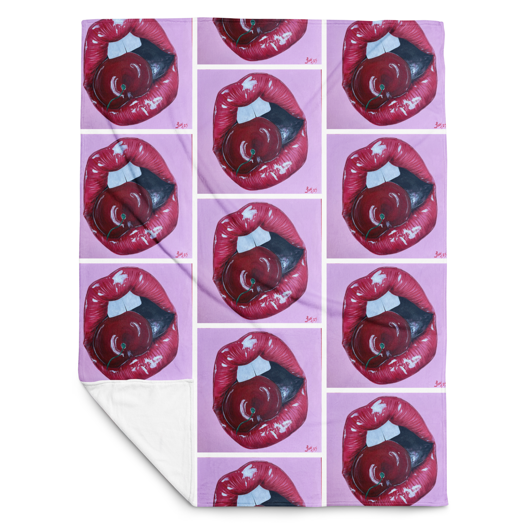 Cherry Temptation Pink Art Throw Blanket 60" x 80" – Red Lips & Cherry Pop Design by Pao Saenz
