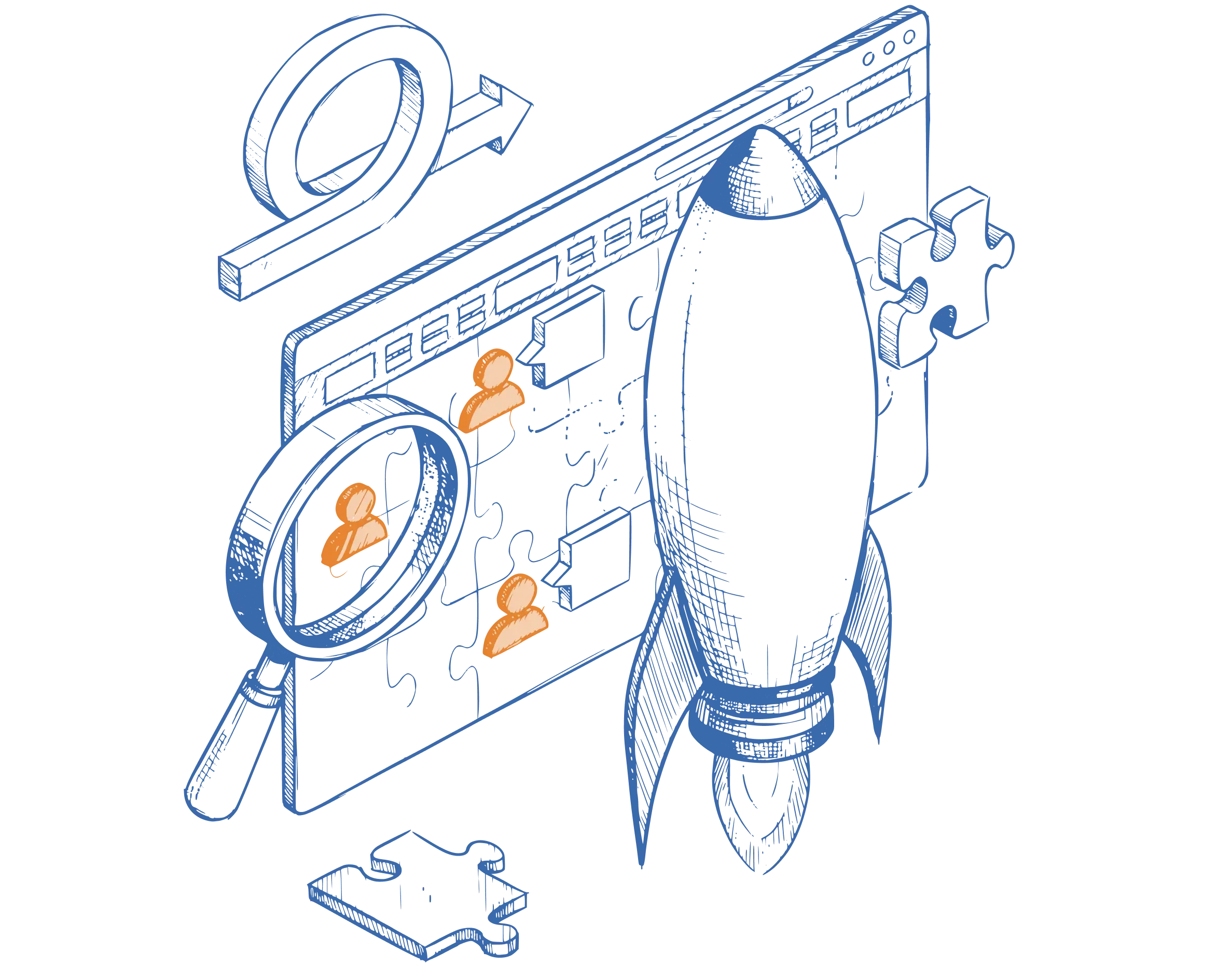 Image depicting users being investigated to fill in a puzzle with a rocketship taking off to for product launch