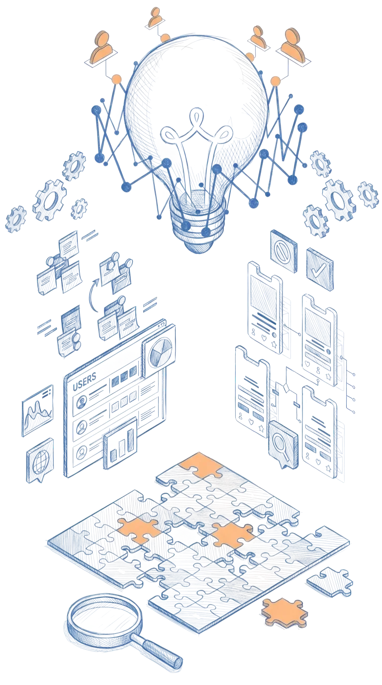 Illustration of users as part of a network surrounding a lightbulb that is illuminating technology and a puzzle being put together as the base of the image.