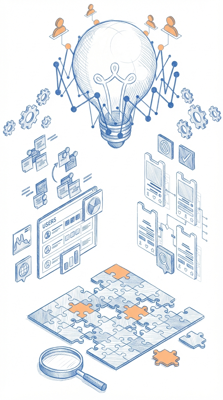Illustration showing knowledge from user research filling in a puzzle to result in innovation.