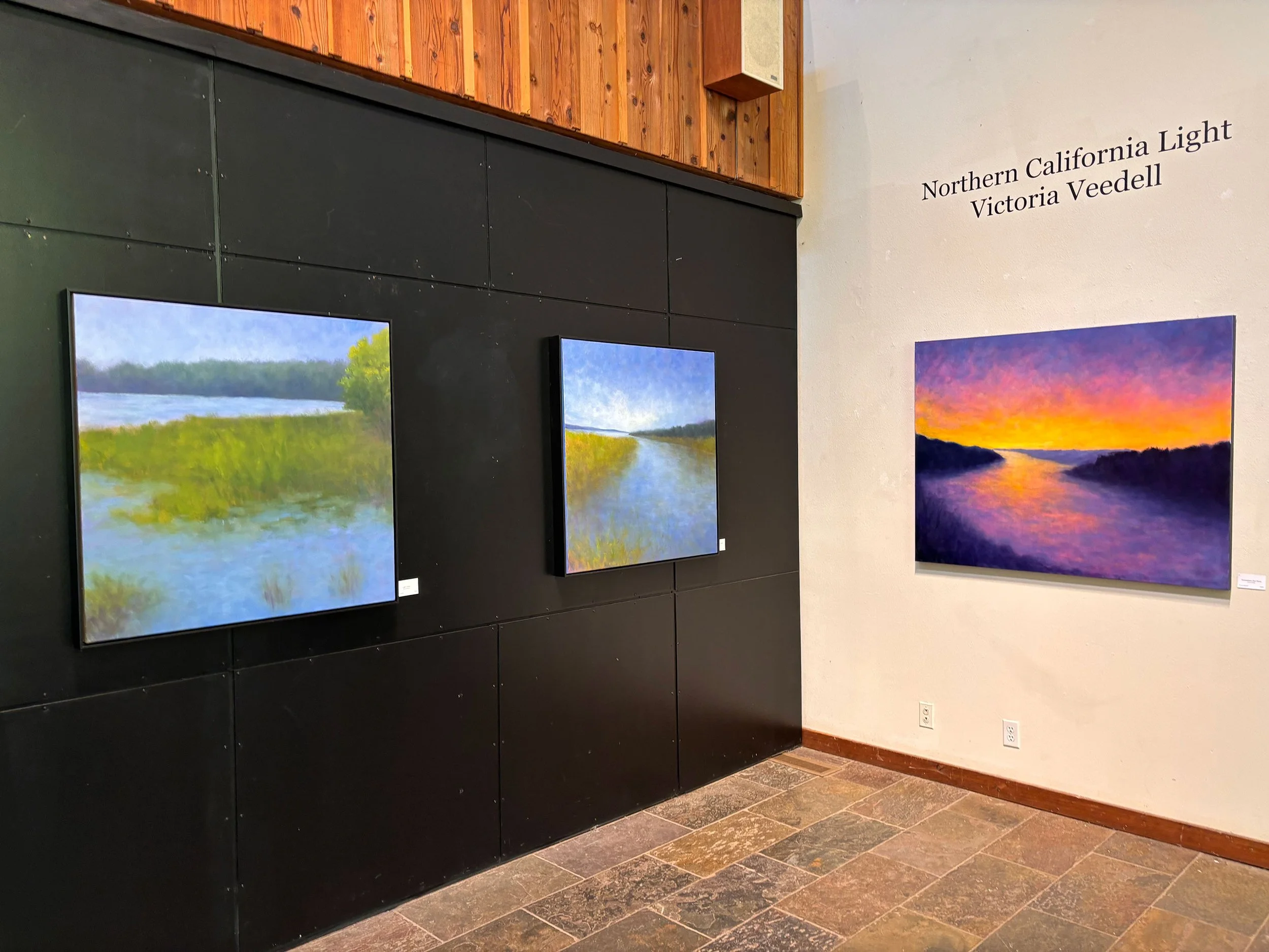 installation view of Victoria Veedell's solo exhibition at the Gualala Arts Center. Three paintings featured of waterways.