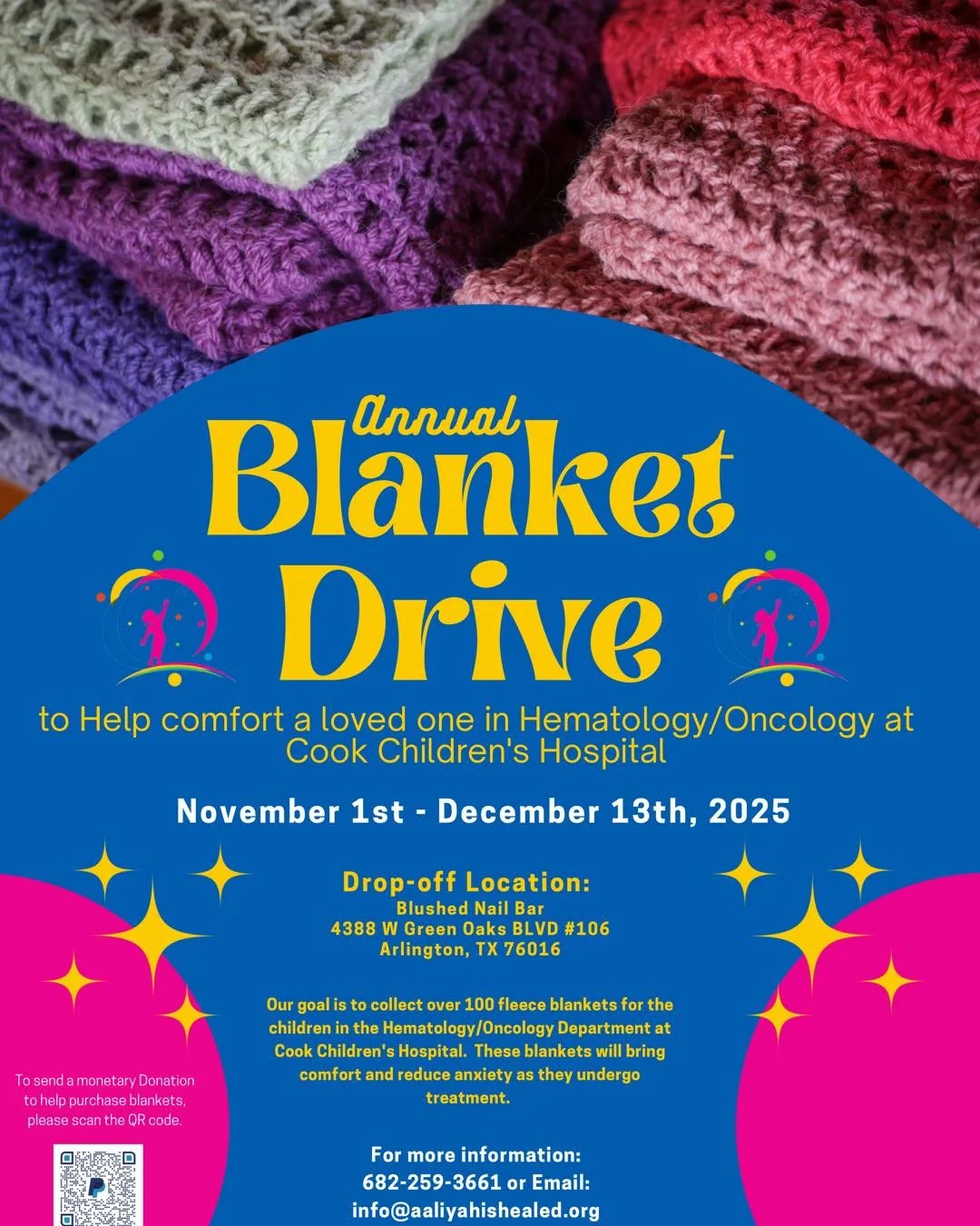 It&rsquo;s that time of year again 💛

From now until December 13, the Aaliyah Is Healed Foundation is hosting our Annual Blanket Drive for children undergoing chemo and hematology treatment at Cooks Children Hospital.

These little warriors spend lo