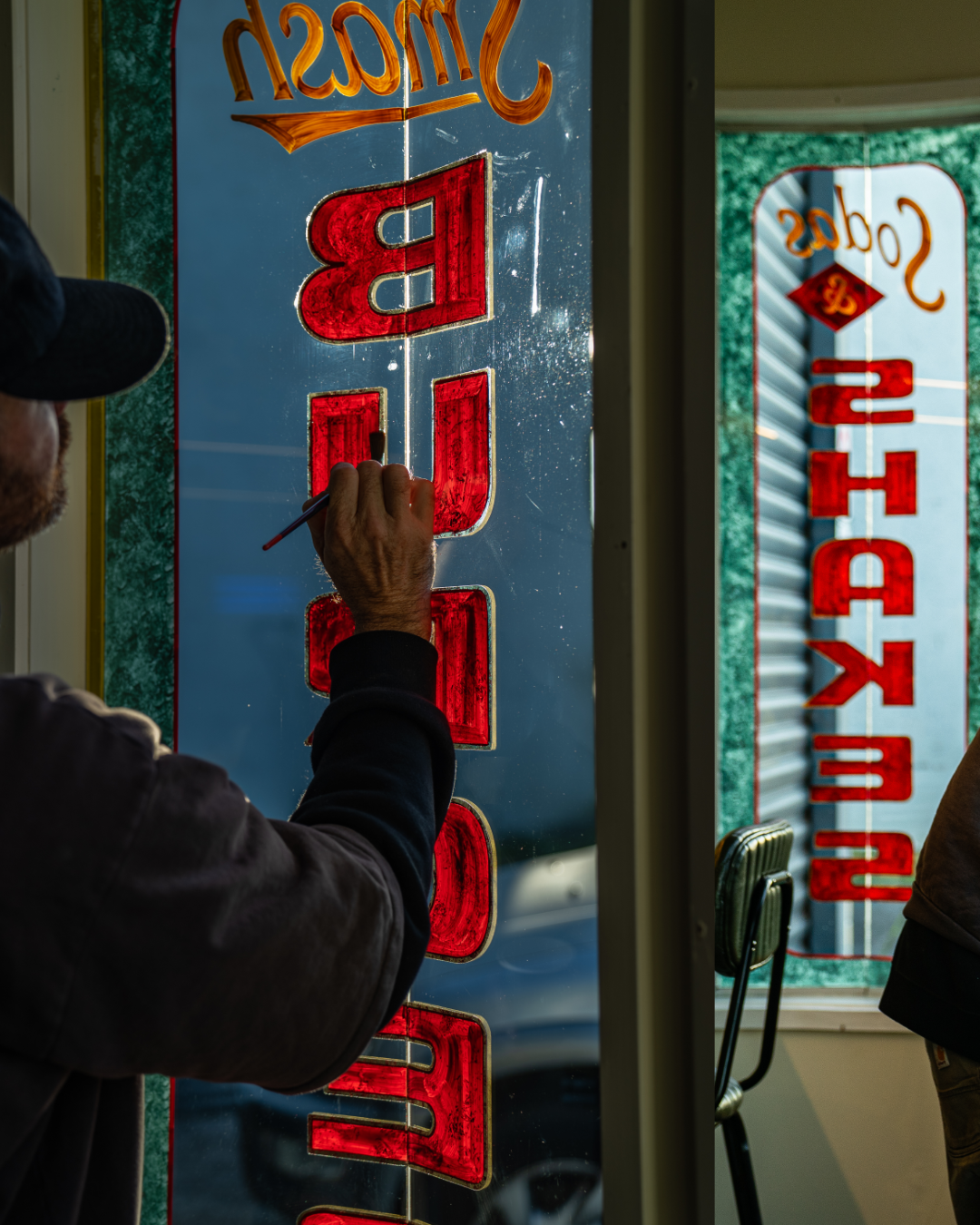 Hand Painted window lettering for Lucky Gs