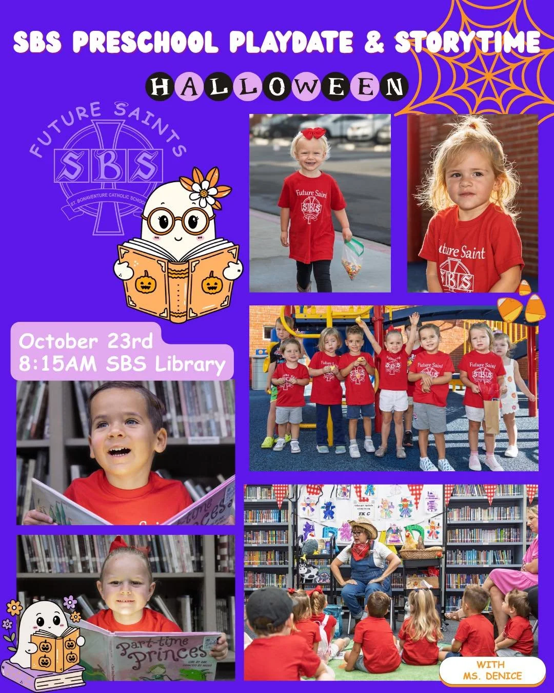 Calling all Future SAINTS!
Join us for a special Halloween themed Preschool Playdate, October 23rd at 8:15am. 🎃👻
Enjoy story time in our library, fun activities, and outdoor play. Meet future friends and receive a free &quot;Future Saints&quot; t-s