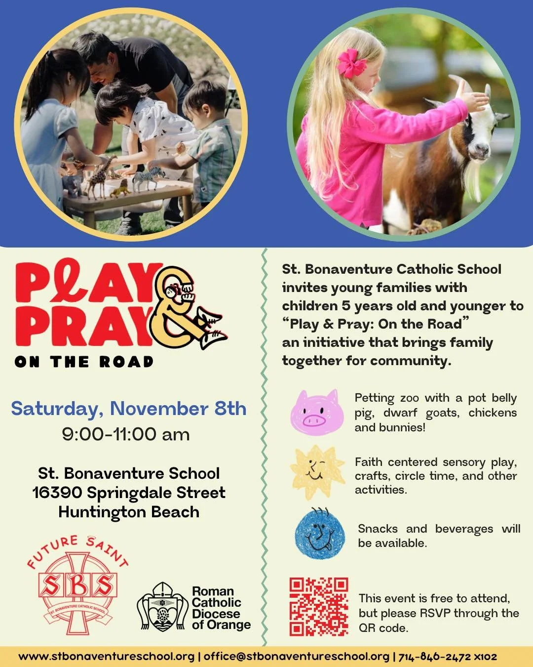 🌟 Join us for &quot;Play &amp; Pray- On the Road&quot; on November 8th! 🌟 

Families with children 5 and younger, come enjoy a fun morning at SBS with sensory play activities, faith based crafts, AND a petting zoo! 🐷🐴
 
Don&rsquo;t miss out on th