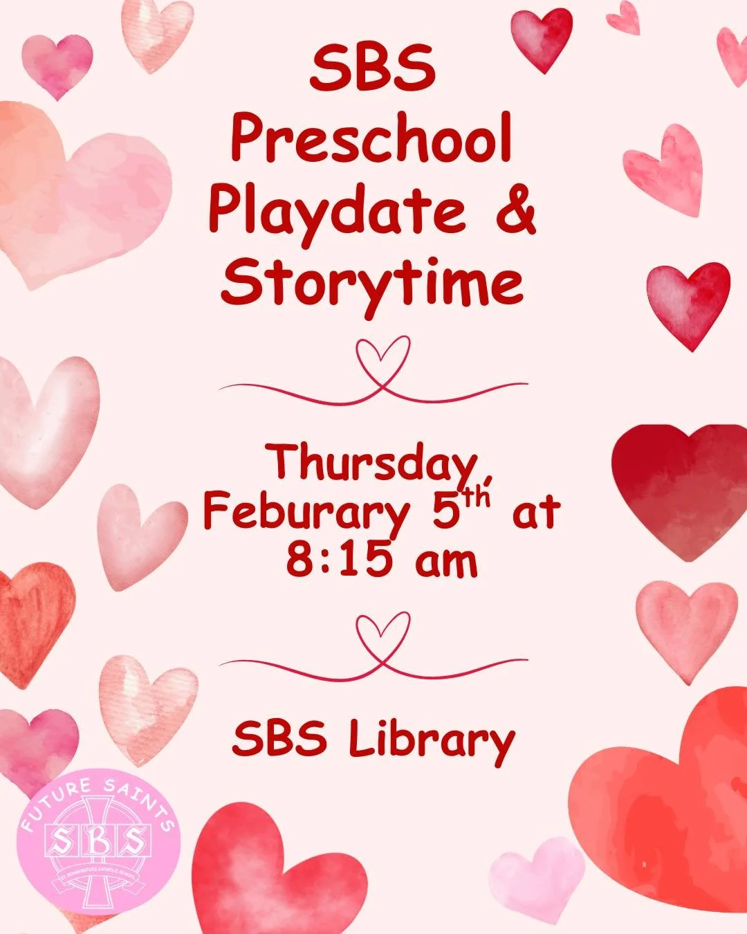 💗 SBS Valentine&rsquo;s Preschool Playdate &amp; Storytime! 💗

Join us this Thursday, February 5 at 8:15 am with Miss Denice for a morning of stories, and play! 📚✨ Prospective families are welcome to explore our library and TK play area.

👉 RSVP 