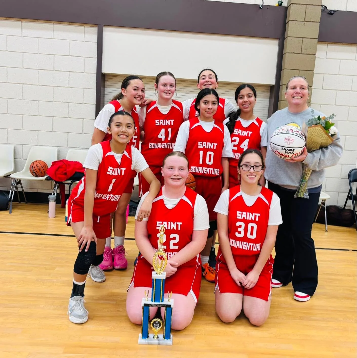 Congratulations to our Girls A Basketball Team! 🎉 They are the Diocese Large School 3rd Place WINNERS! We are so proud of your teamwork and dedication. Thank you, Coach Stiles, for your leadership. You make our Saints shine! Go Saints! 🏀😇❤️🤍#SBSS