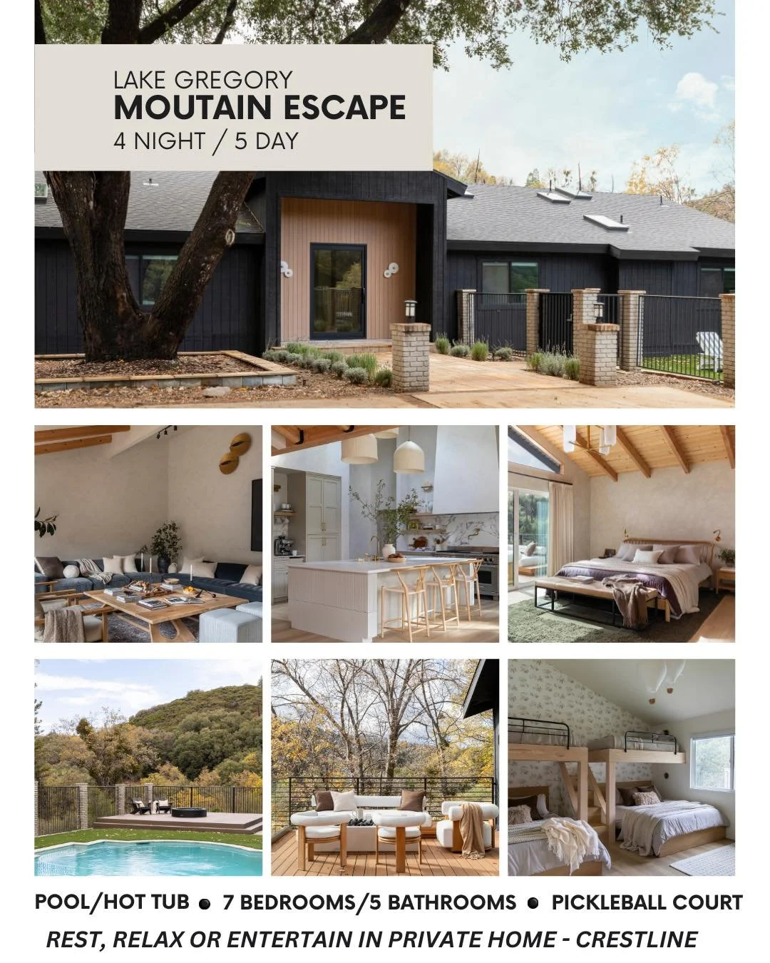 🏔️✨ Escape to the Mountains! Get ready to bid on a Lake Gregory Retreat at our Live Auction!

Enjoy a private 7-bedroom mountain home featuring:
🏊 Pool + hot tub
🎾 Private pickleball court
🧘 Forest yoga deck
💪 On-site play gym
🔥 Outdoor kitchen